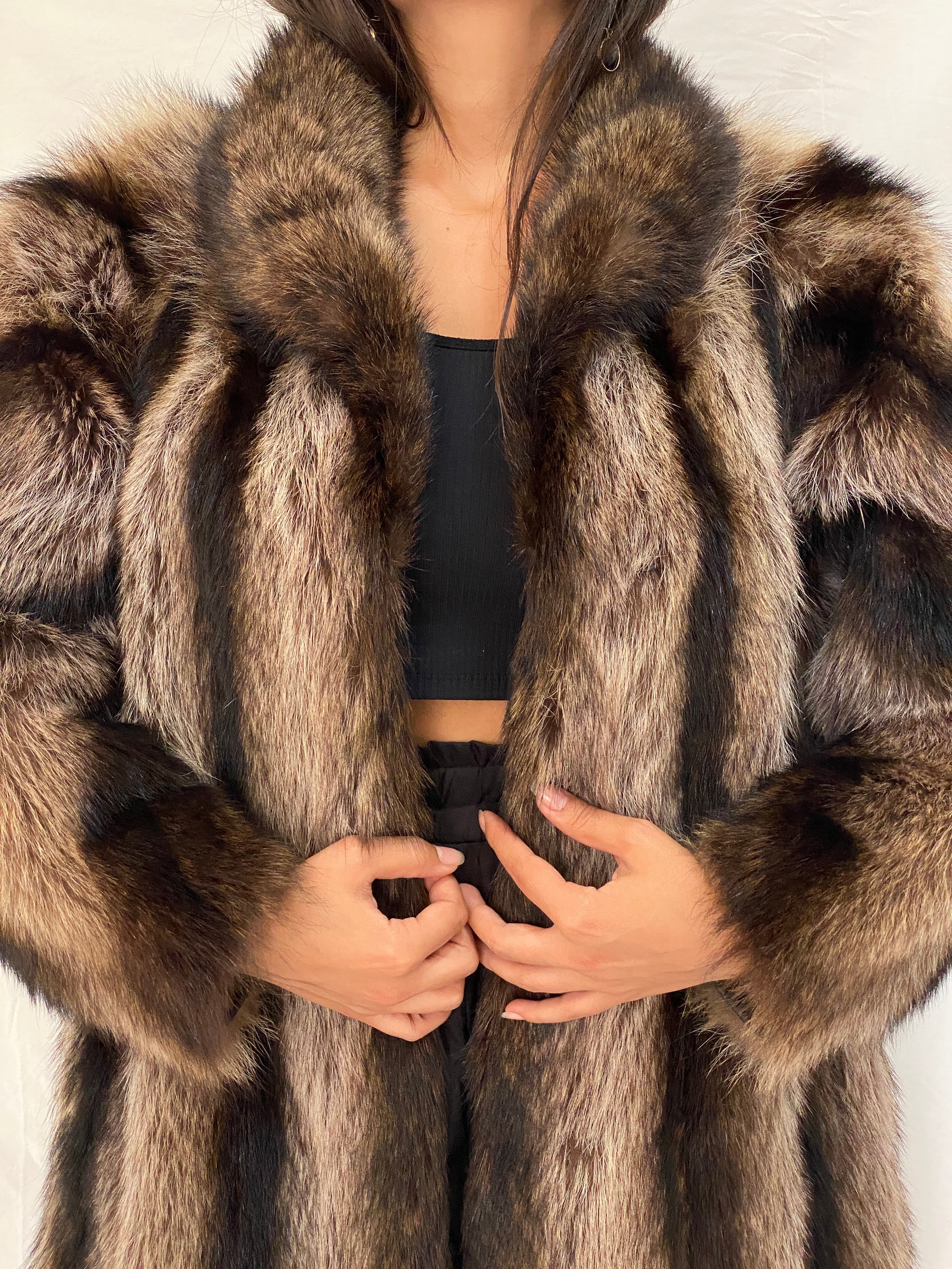 Vintage Real Fur Striped Brown & Black Coat Luxurious Genuine Raccoon Fur Winter Jacket - M