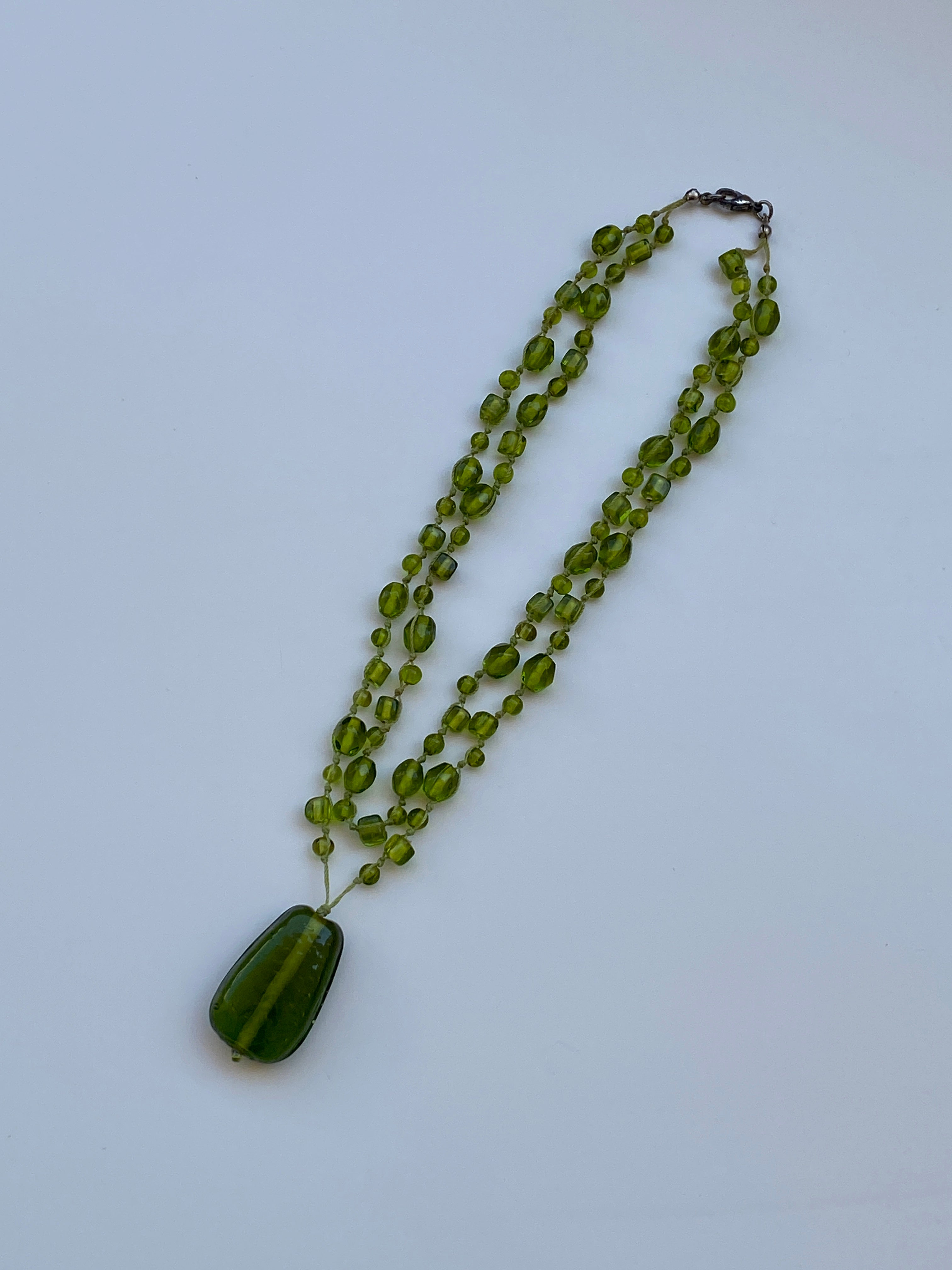 Vintage Green Glass Bead Double Strand Necklace with Statement Pendant Y2K Boho Jewelry