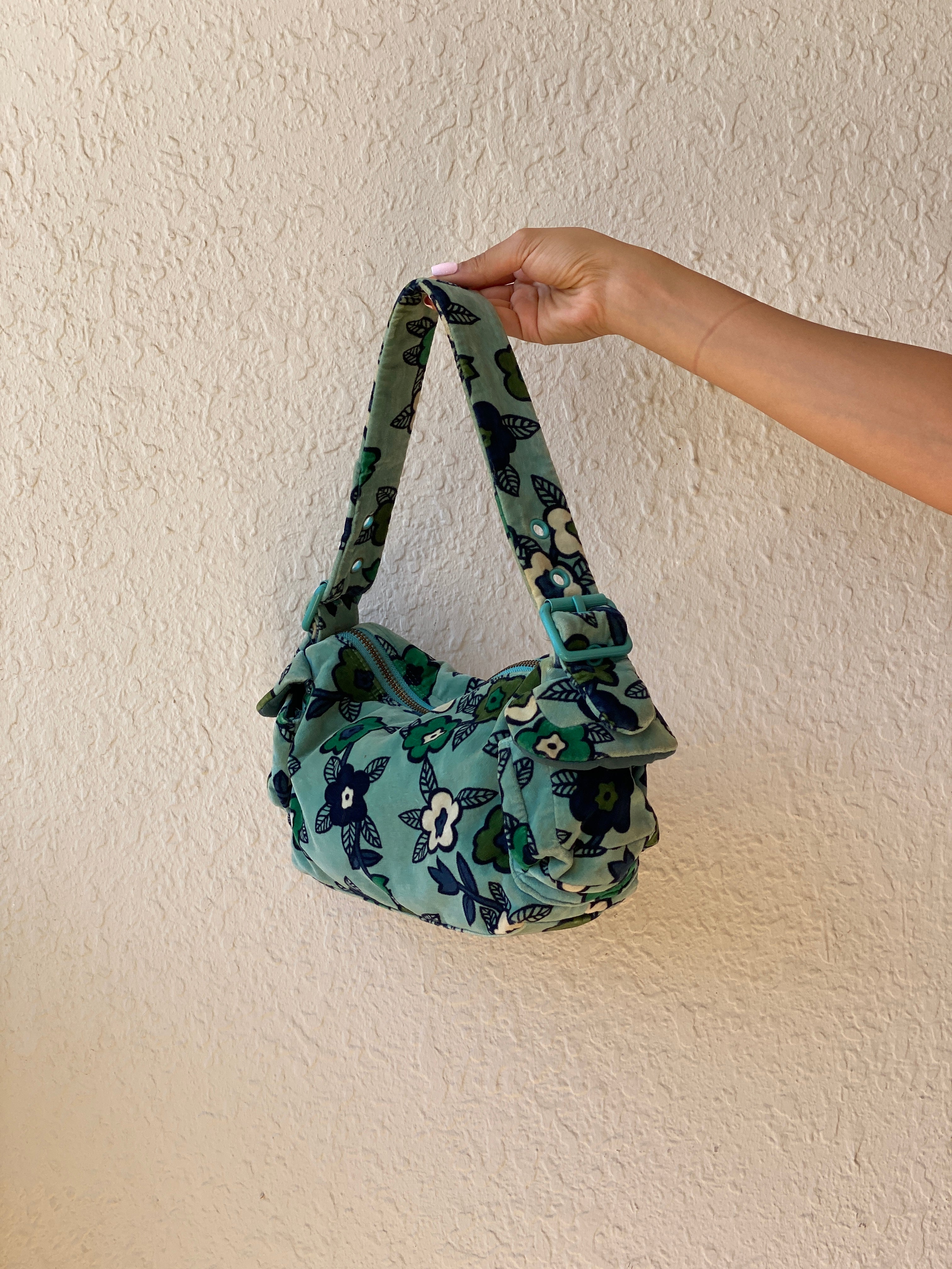 Vintage Y2K GAP Aqua Floral Velvet Shoulder Bag Soft Velour Baguette Purse
