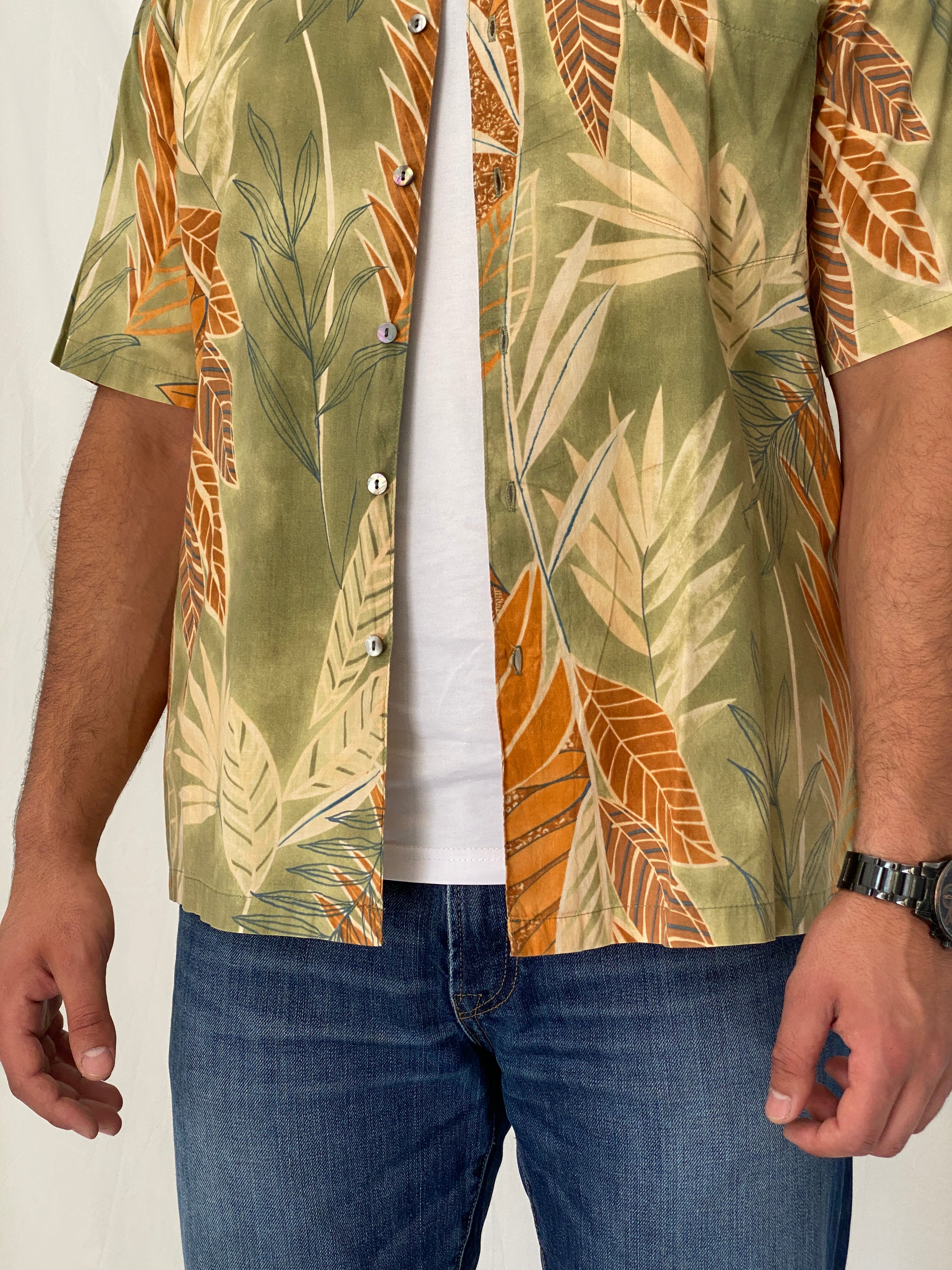 Vintage Tori Richard USA Tropical Leaf Print Cotton Hawaiian Shirt – L
