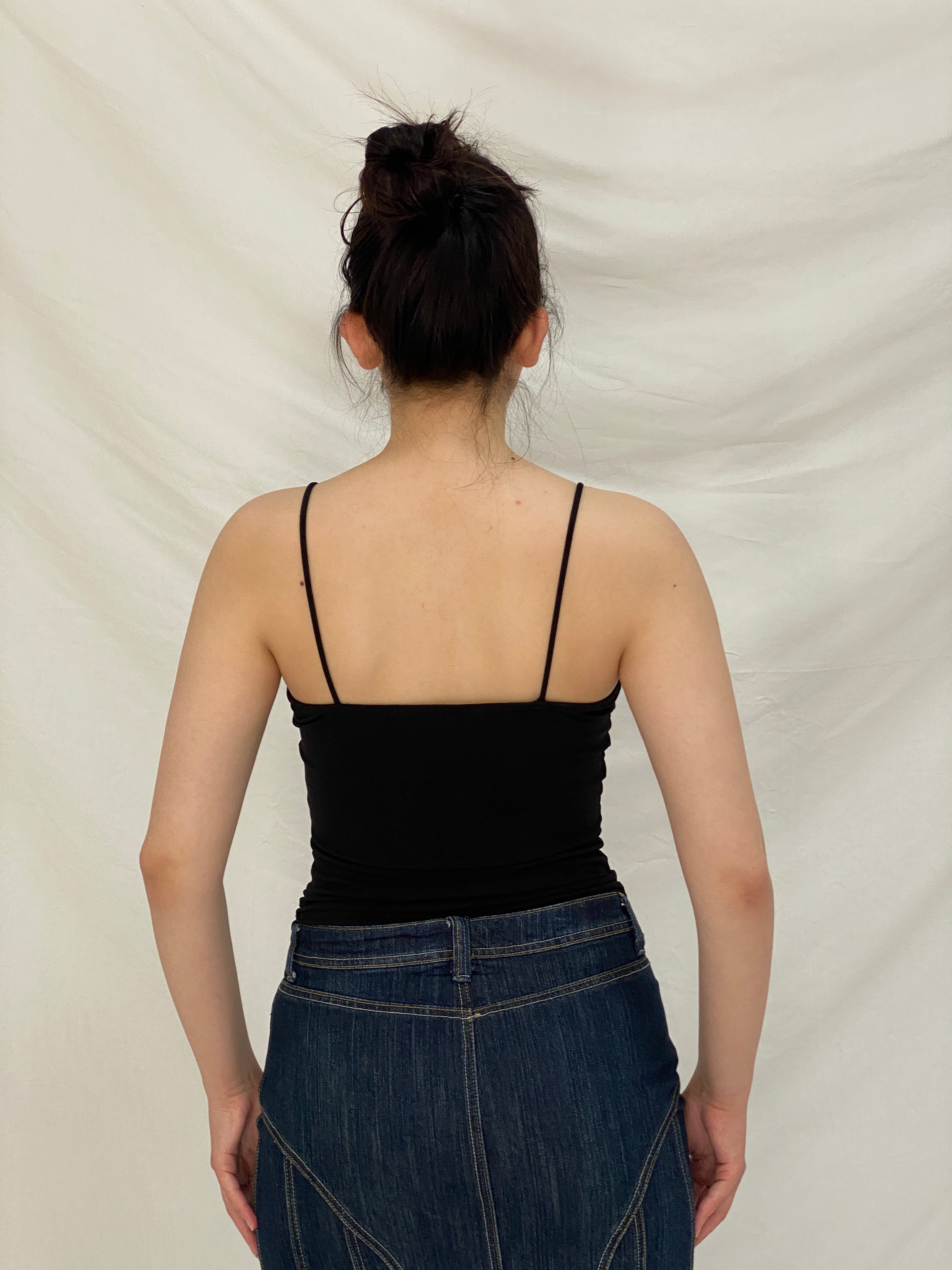 Vintage Y2K Black Ruffle Cami Top Minimal Stretch Spaghetti Strap Tank - S