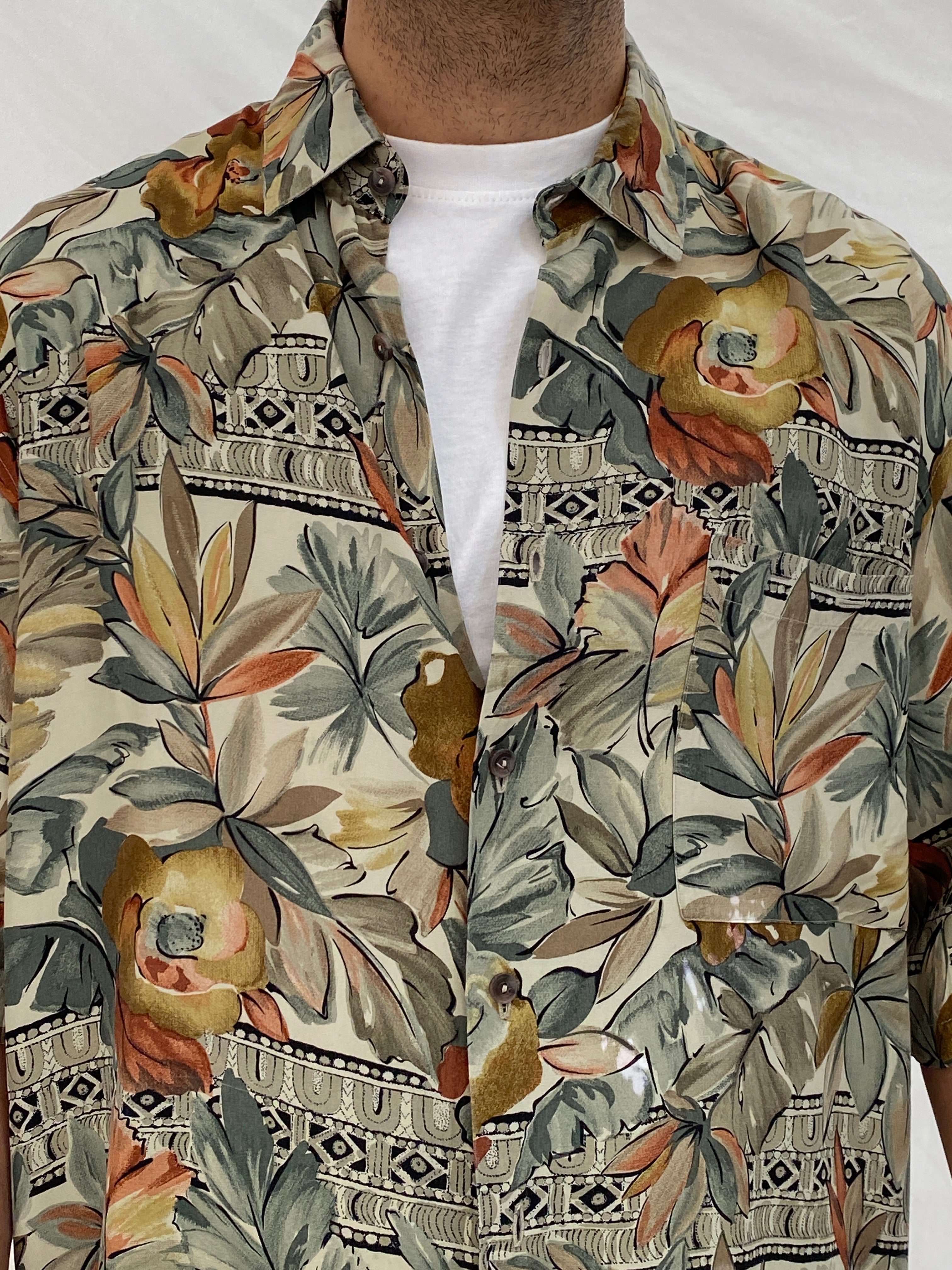 Vintage Burma Bibas Earth Tone Tropical Rayon Shirt – L