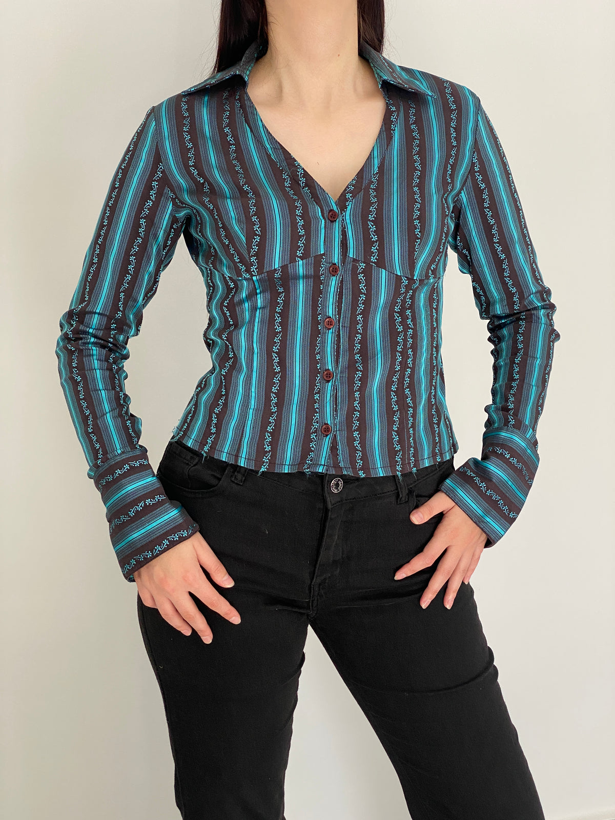Vintage Y2K Style Turquoise & Brown Striped Fitted Button-Up Shirt - M