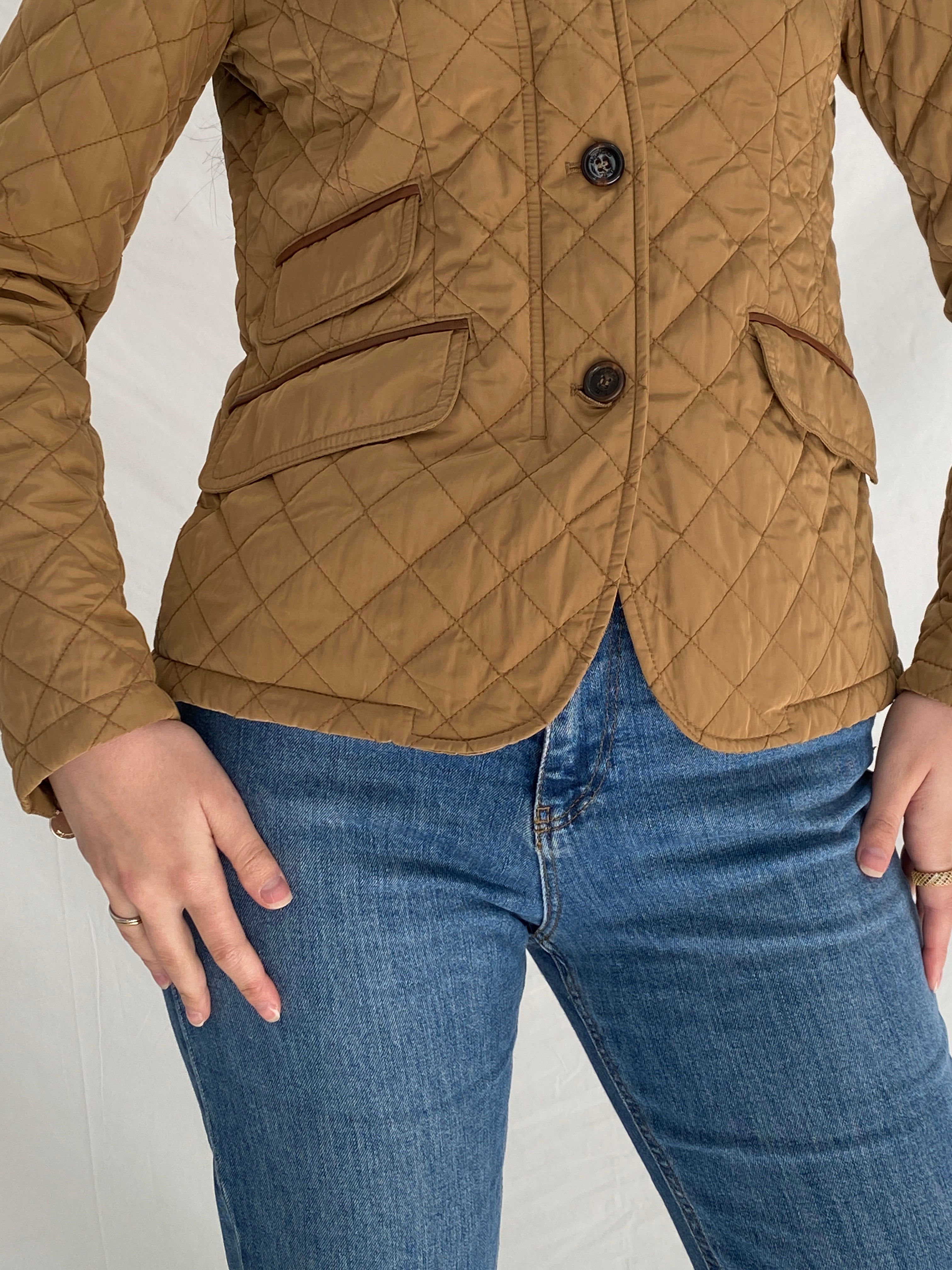 Massimo Dutti Camel Quilted Riding Jacket Fitted Equestrian Diamond Stitch Jacket - S