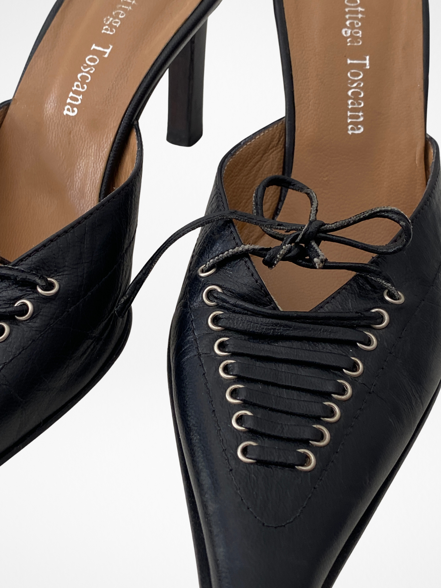 Vintage Bottega Toscana Black Leather Lace-Up Pointed Mule Pumps – 38 EU