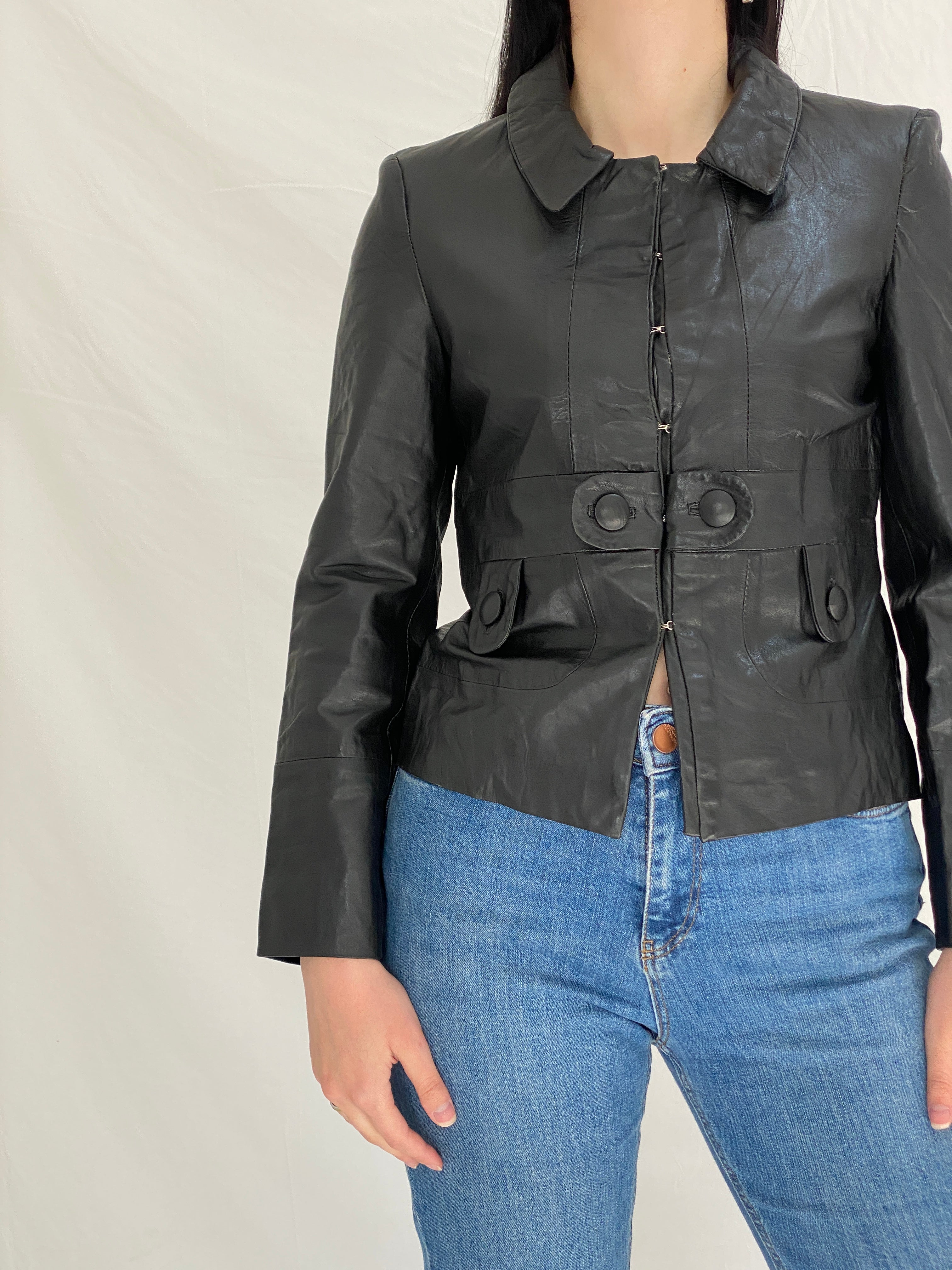 Vintage BOSS Black Genuine Leather Jacket Minimalist Tailored Y2K Fitted Leather Jacket - S