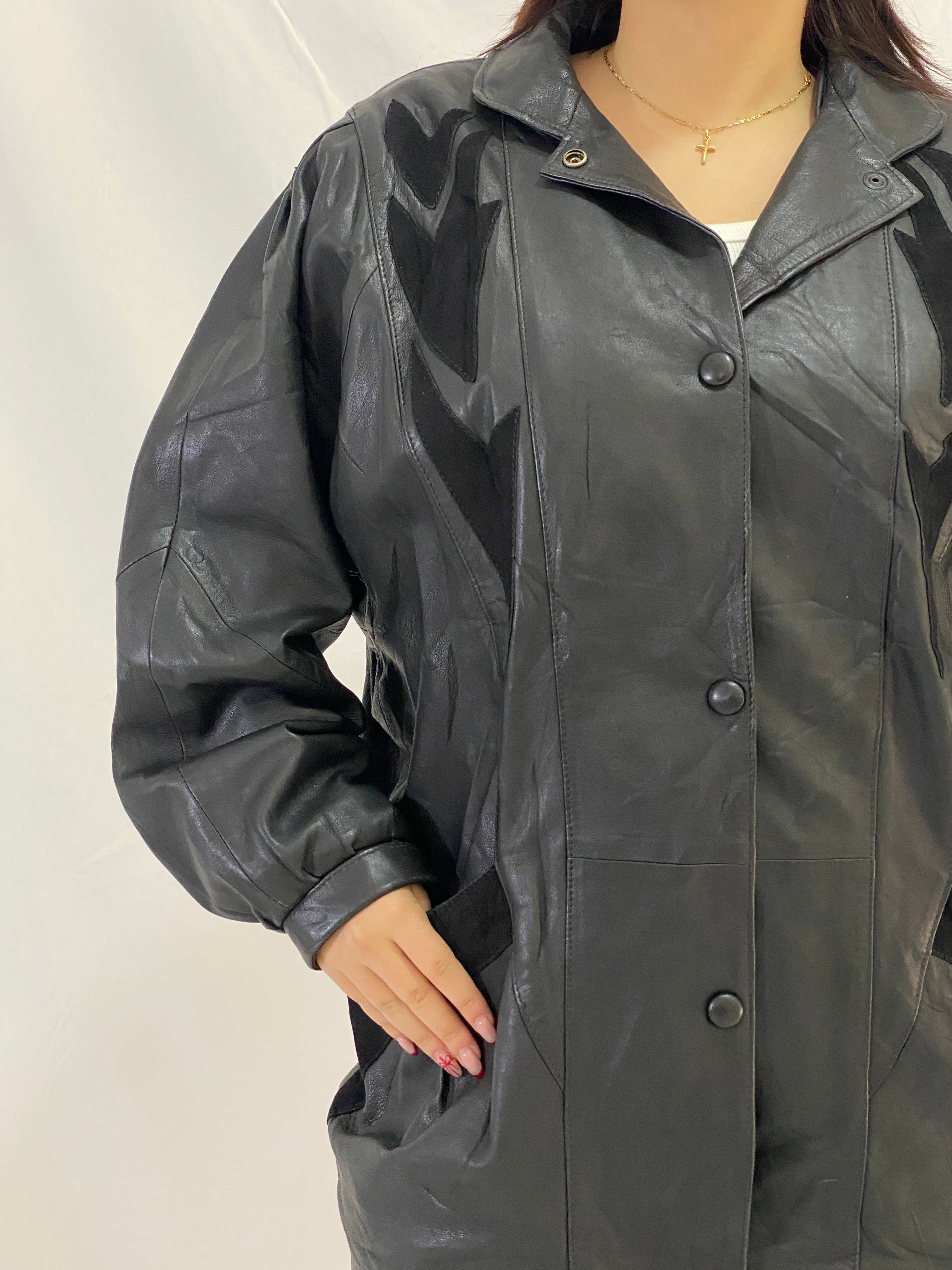 Vintage Oversized Fit Ferpele Black Leather Coat with Graphic Panel Details - M