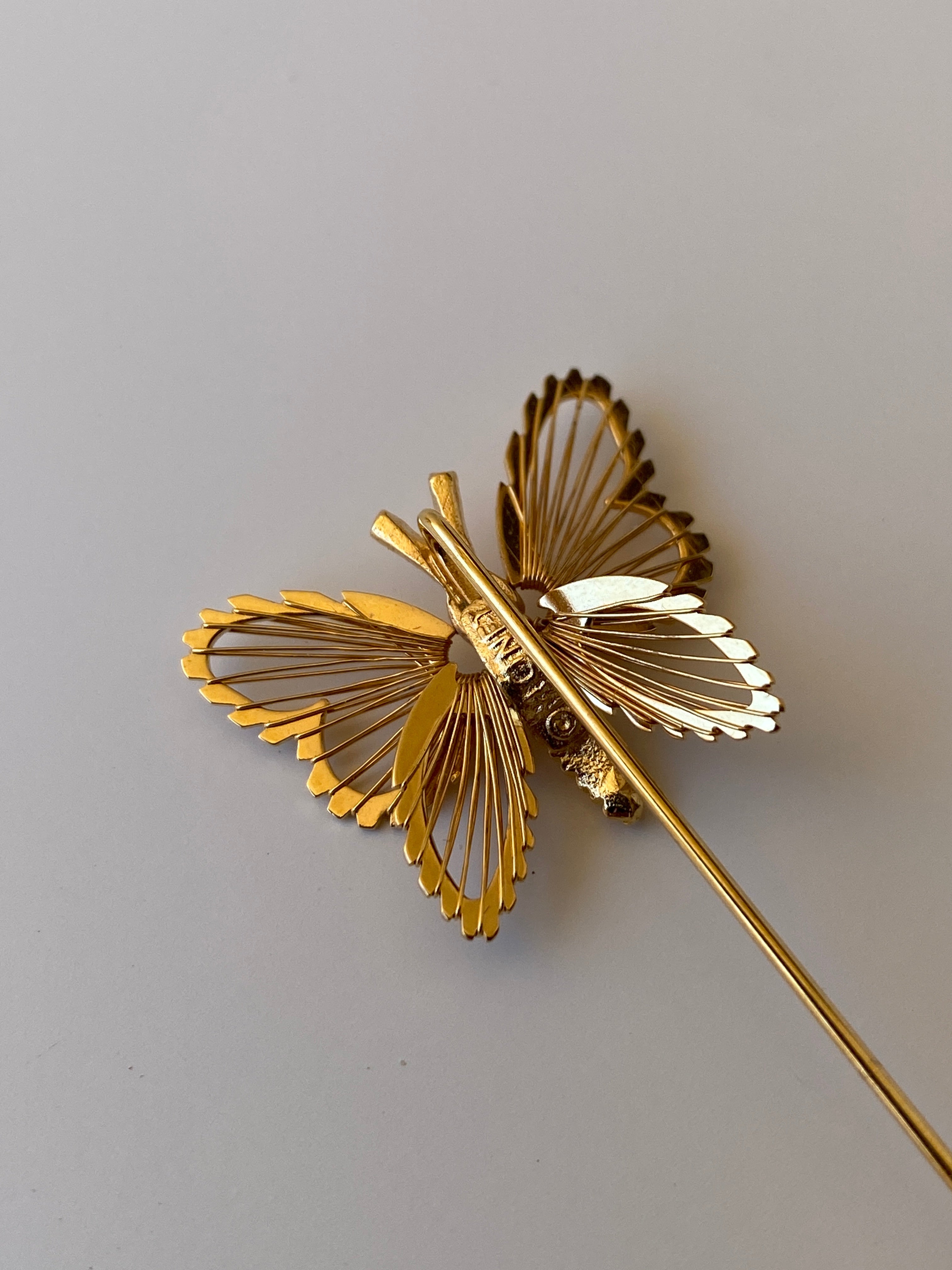 Vintage Monet Butterfly Stick Pin Gold Tone Filigree Insect Brooch