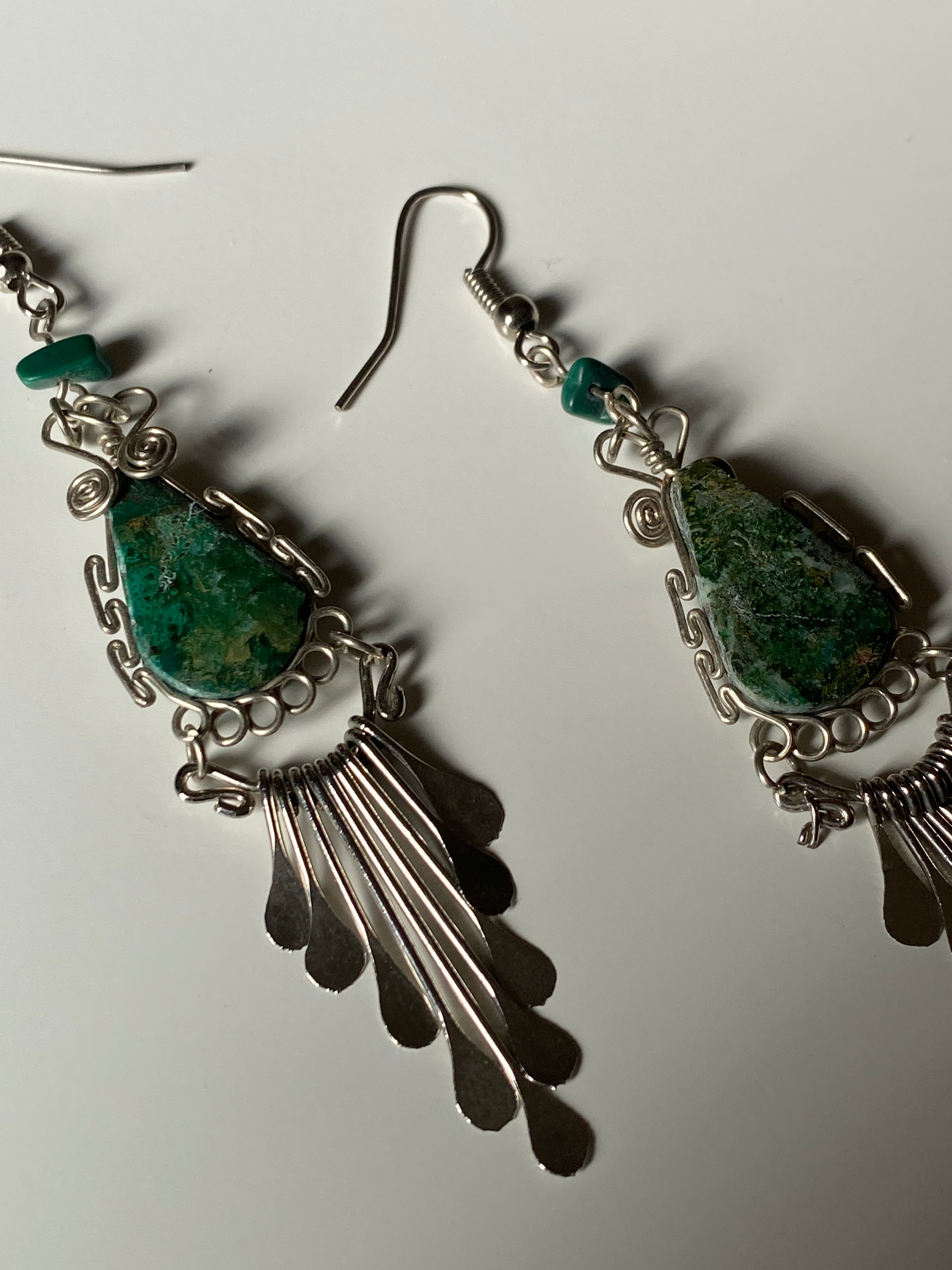 Artisan Wire-Wrapped Stone Drop Earrings – Green Turquoise-Tone with Silver Fringe Dangles