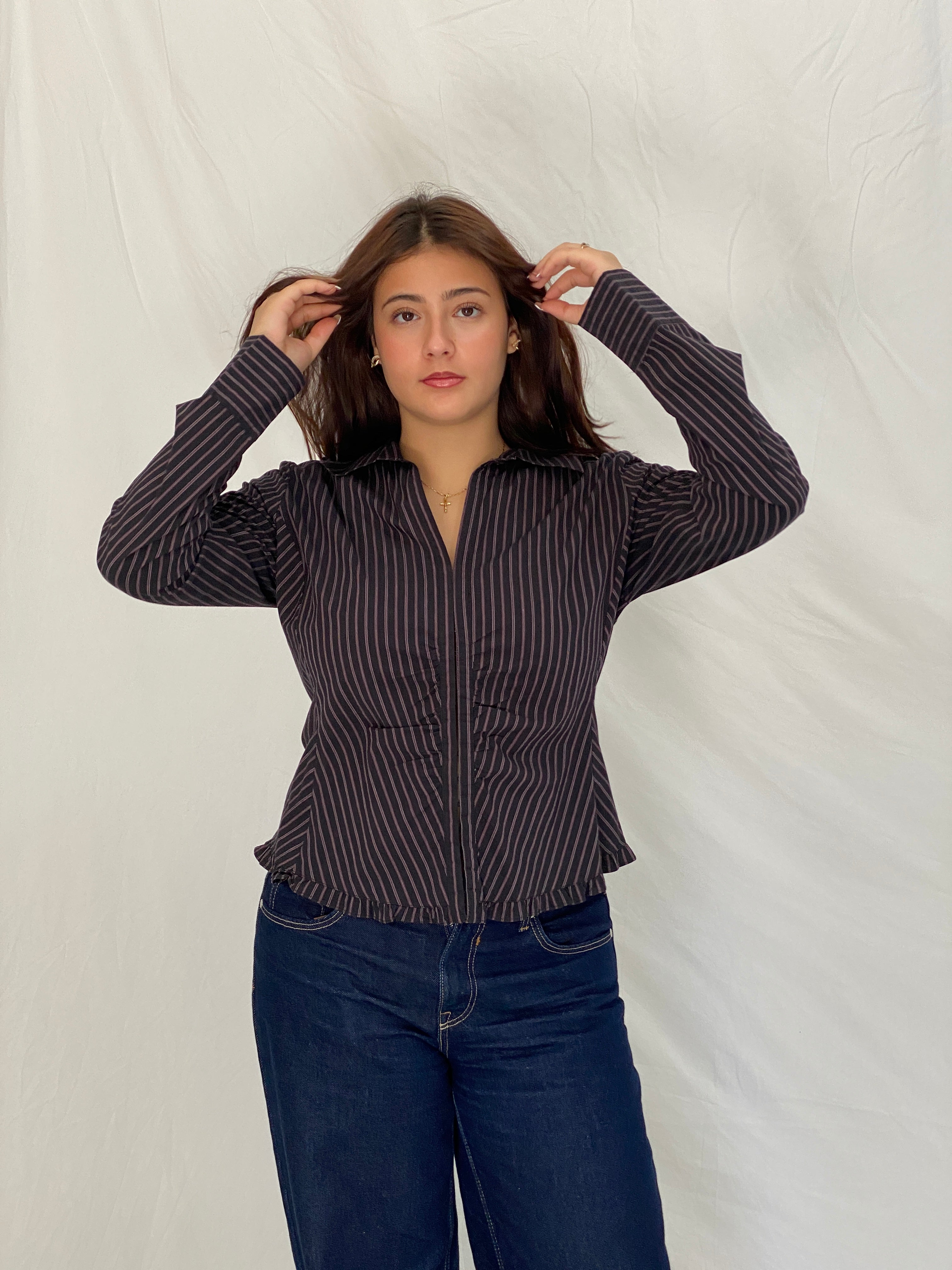 Vintage Y2K RW & Co. Black Pink Pinstripe Ruched Ruffle Zip-Up Blouse - XL
