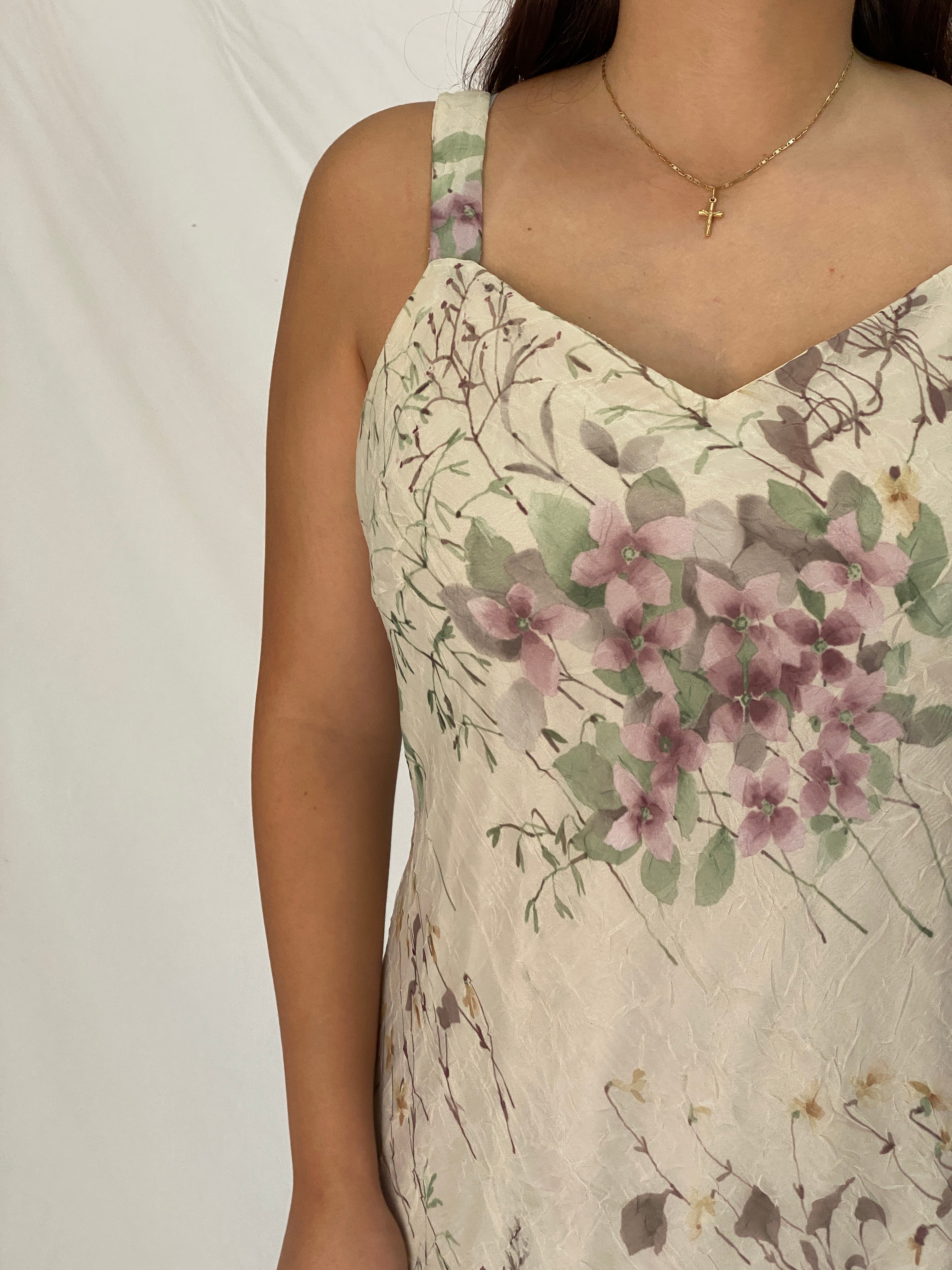 Vintage R&M Richards Ivory Floral Chiffon Handkerchief Hem Maxi Dress – L