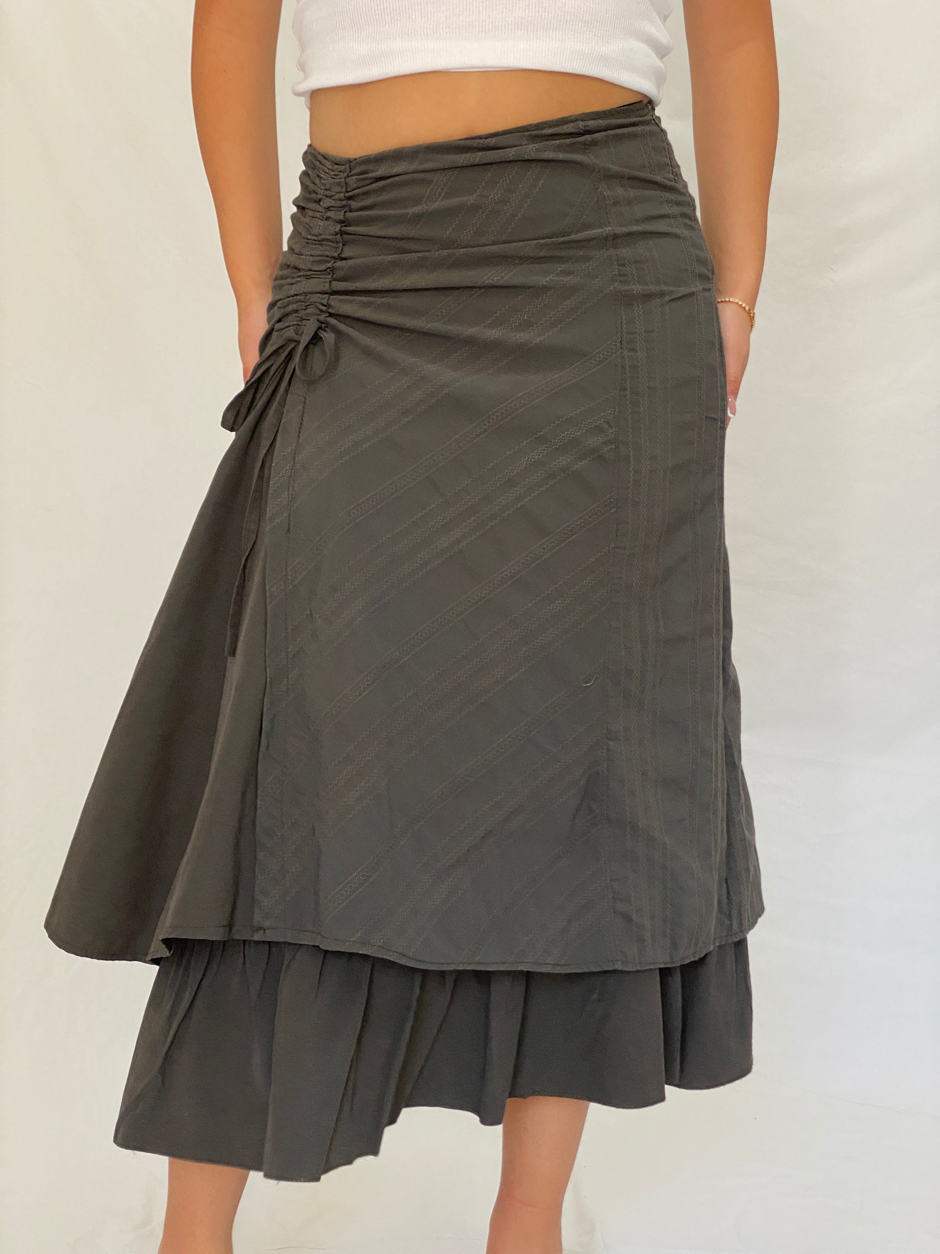 Y2K Whimsigoth Olive Green Ruched Layered Utility Midi Skirt – L
