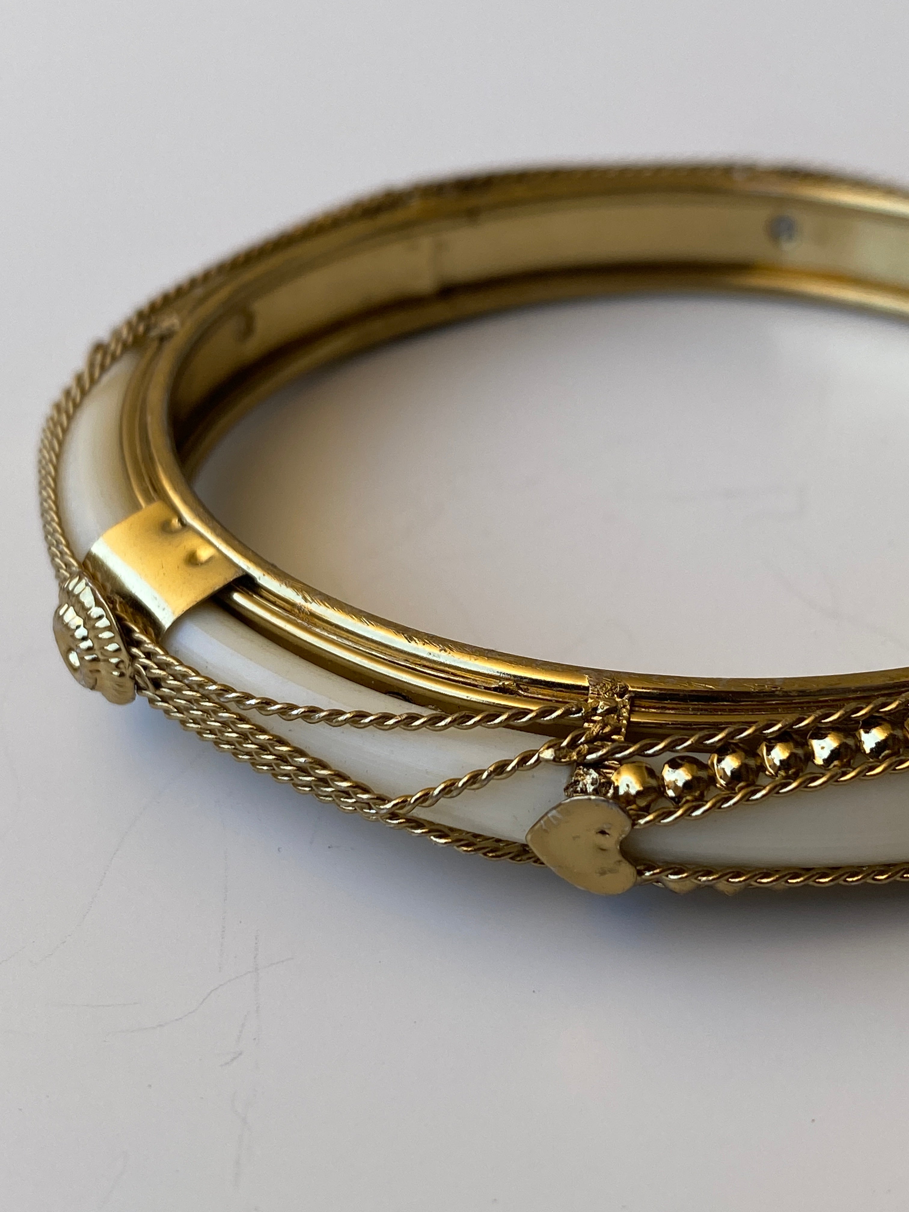 Vintage White Enamel & Gold Tone Hinged Bangle Bracelet Minimalist Luxe Statement Jewelry