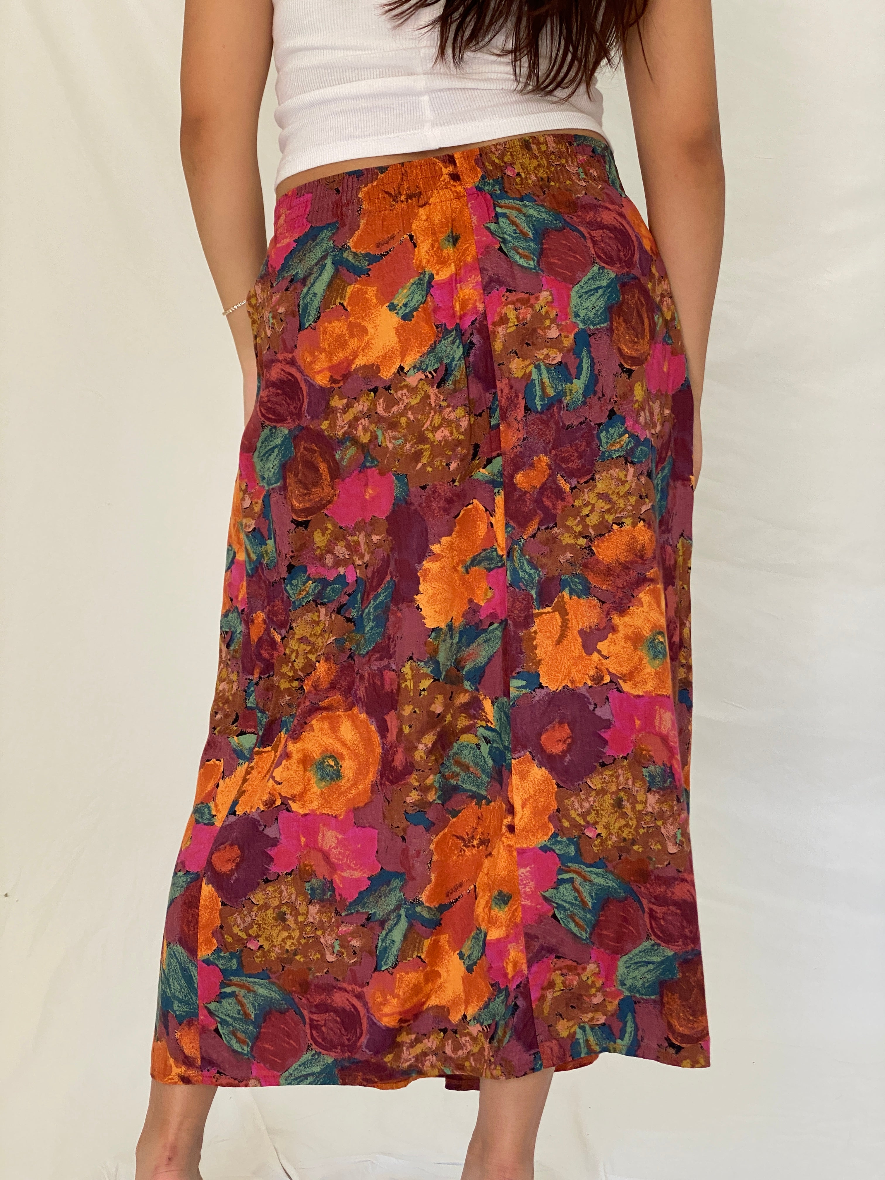 Vintage 90s George Floral Orange Multicolor Pleated Midi Skirt – L
