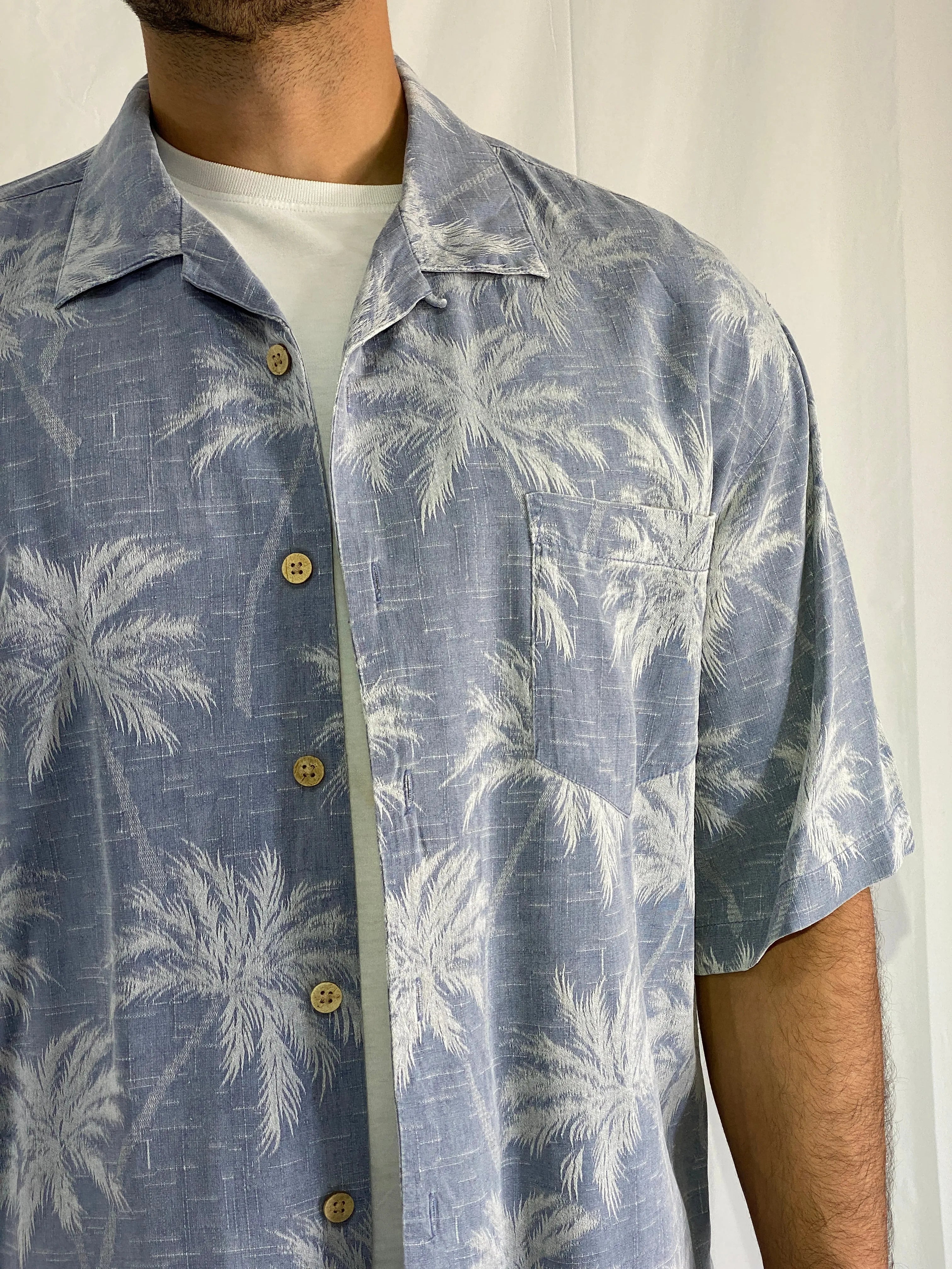Vintage Jamaica Jaxx 100% Silk Palm Tree Print Shirt Blue Tropical Resort Shirt - XL