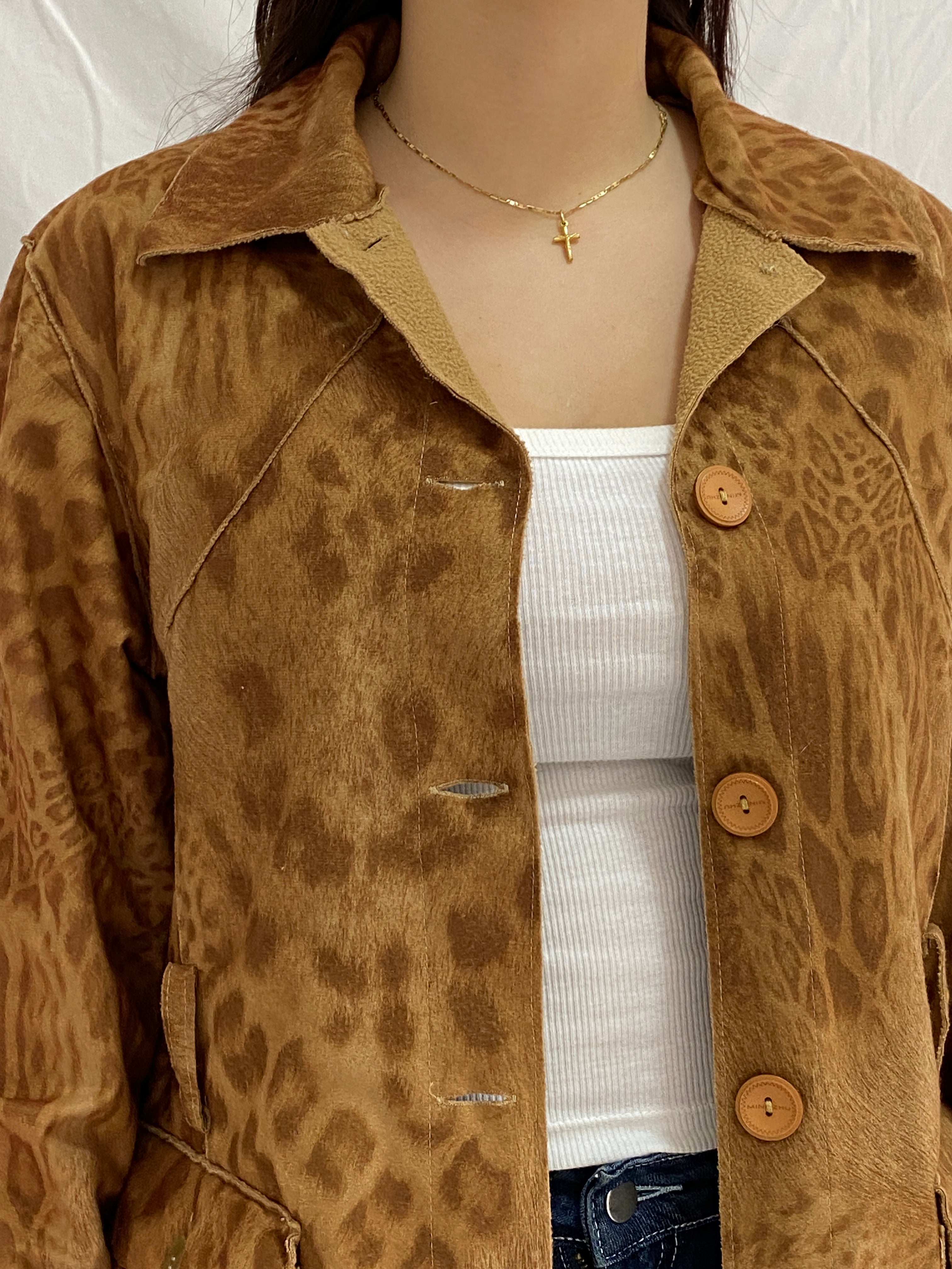 Vintage JIA YAO Leopard Print Faux Suede Longline Light Coat Button-Up Jacket – XL