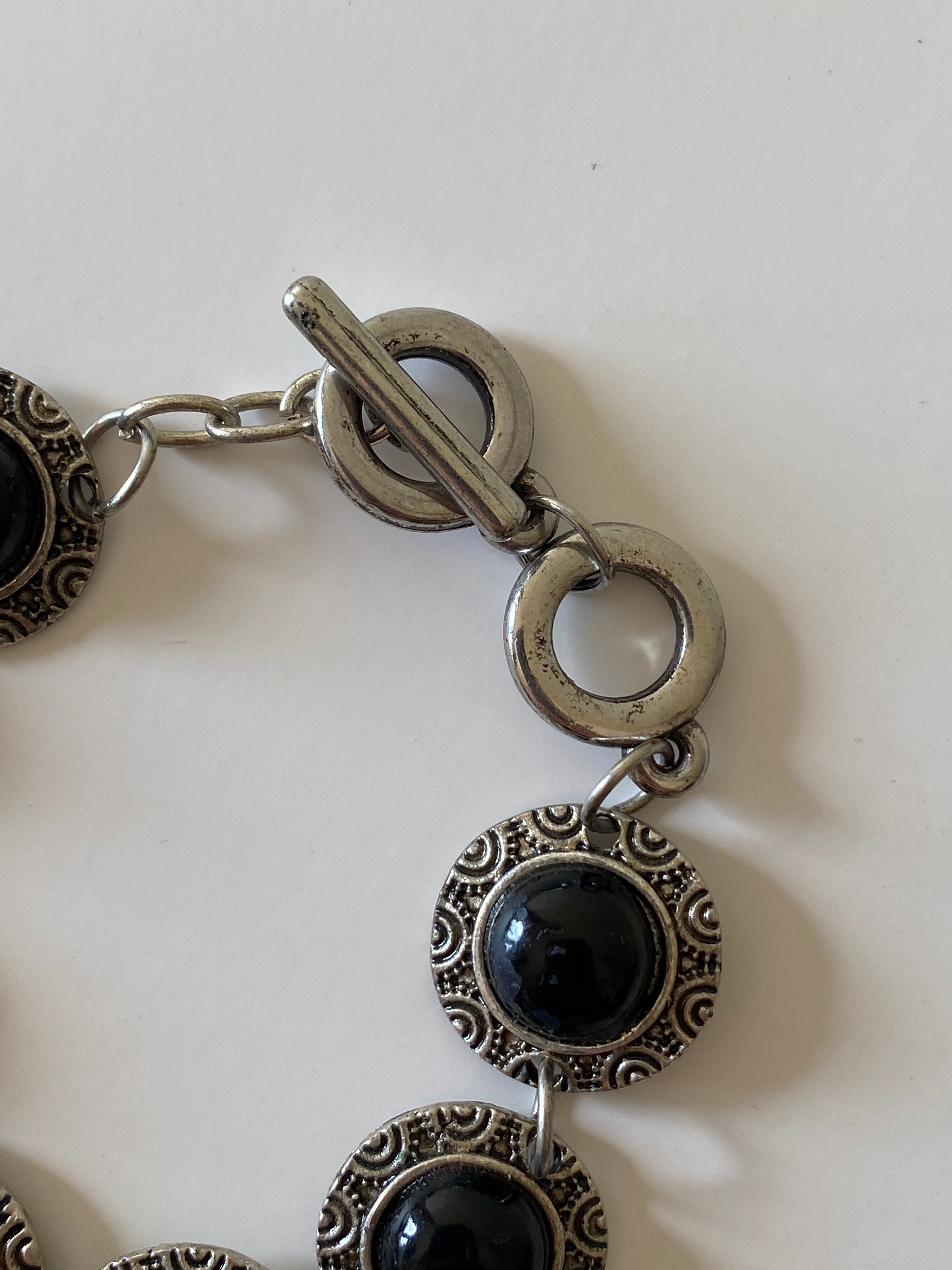 Vintage Silver Tone Black Cabochon Link Bracelet, Boho Statement Bracelet, Chunky Vintage Jewelry