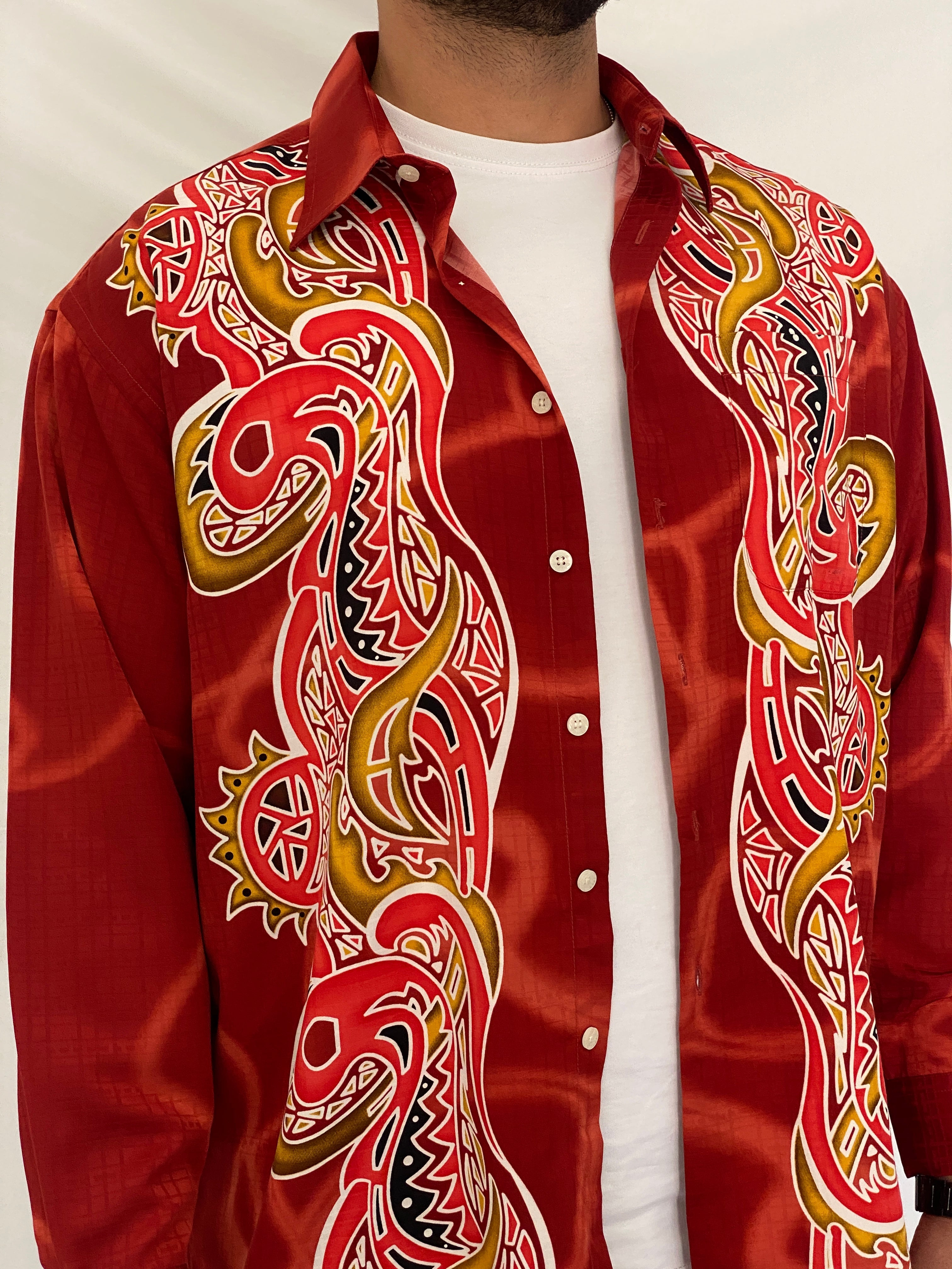Y2K Drapper Club Tribal Dragon Red Long Sleeve Button-Up Shirt – XL