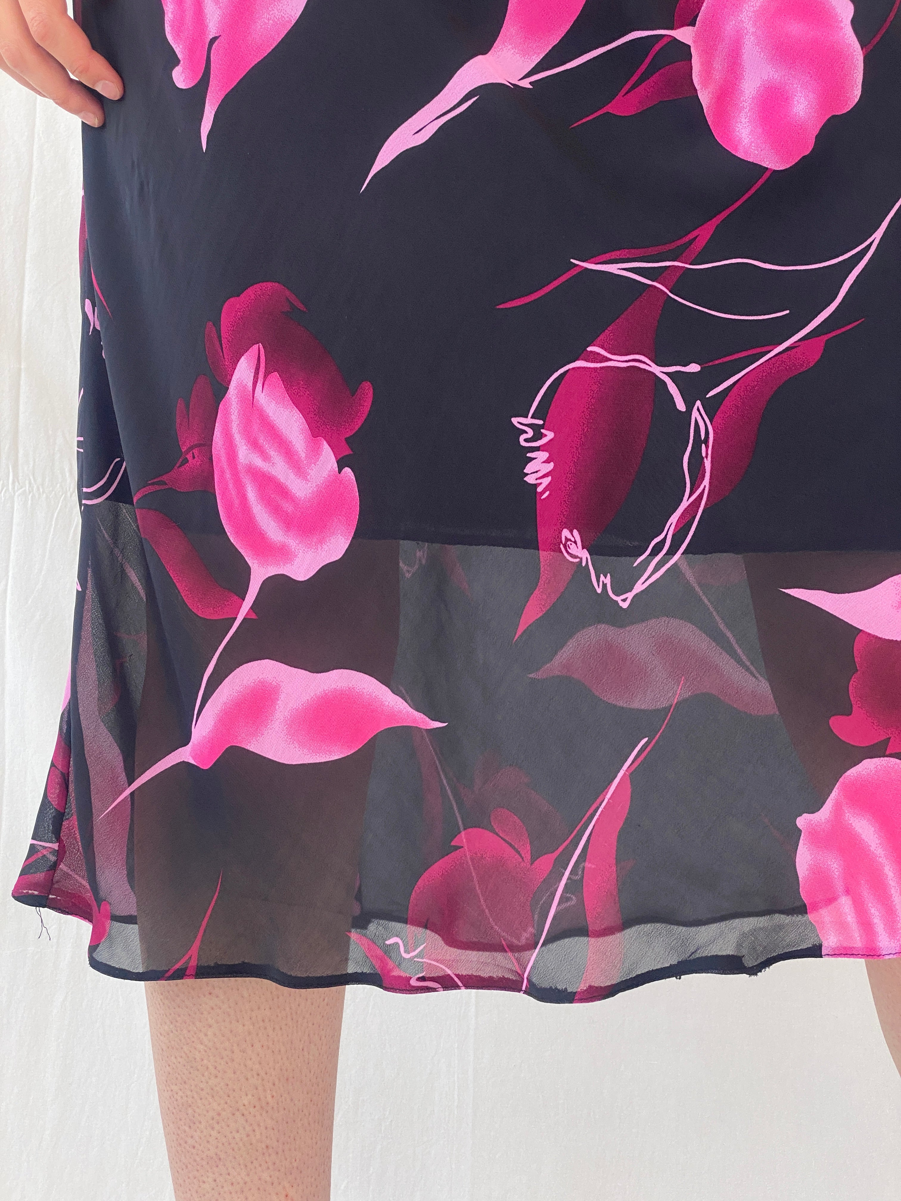 Vintage 90s Black Floral Print Pink Midi Skirt - L