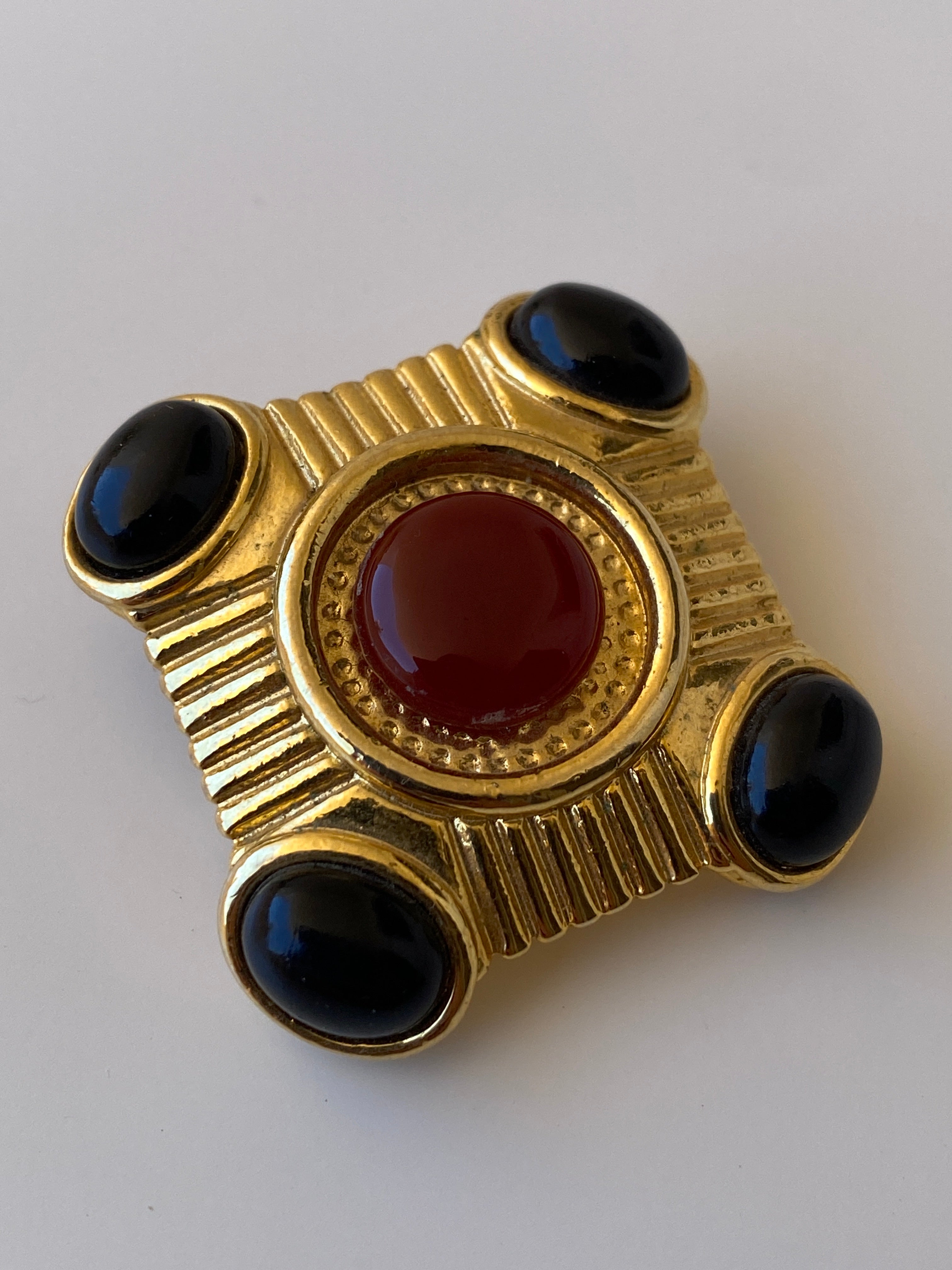 Vintage Gold Tone Cabochon Brooch Black & Amber Geometric Statement Pin