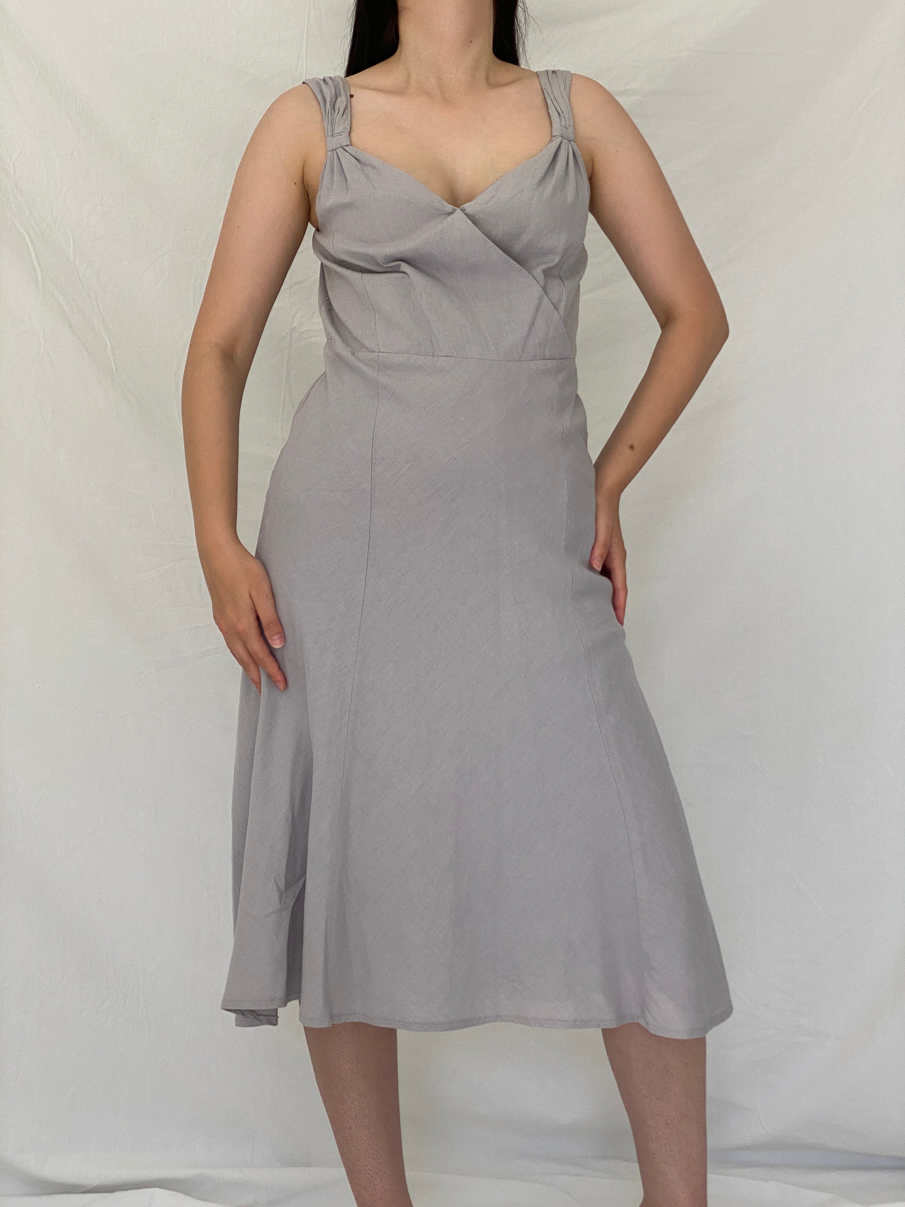 Vintage Y2K Jacqueline Riu Dove Grey Linen Cotton Blend Midi Dress - M