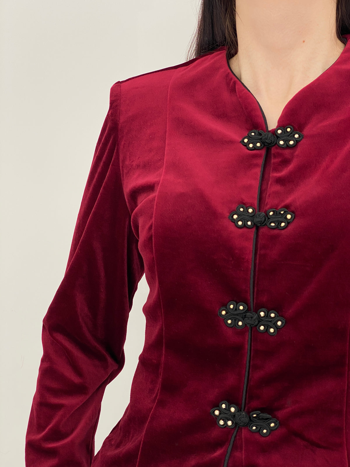 Vintage 90s Maren Burgundy Velvet Jacket with Frog Closures - M