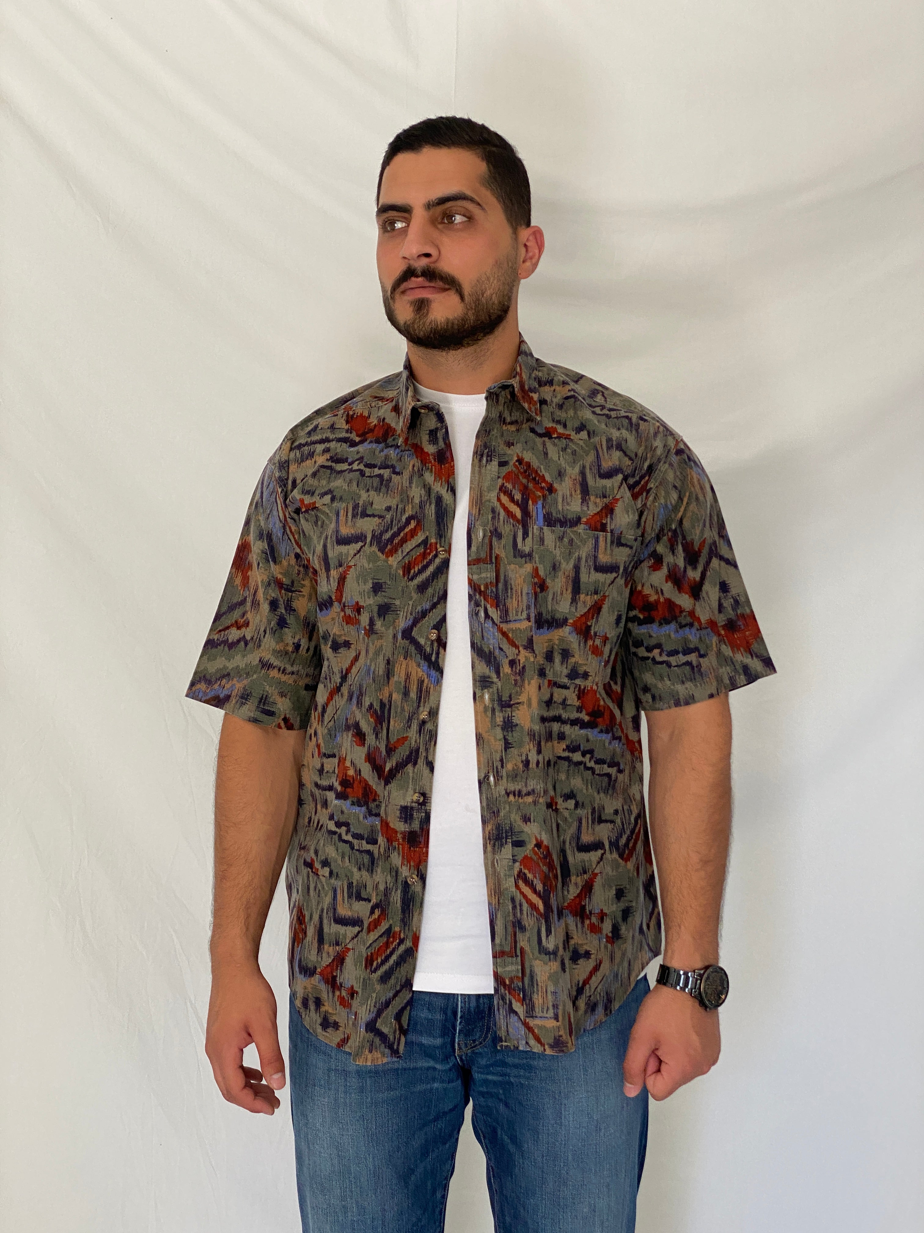 Vintage Bachrach Abstract Short Sleeve Olive Cotton Blend Shirt – L