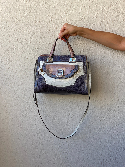 GUESS Croc-Embossed Tri-Color Satchel Handbag with Crossbody Strap