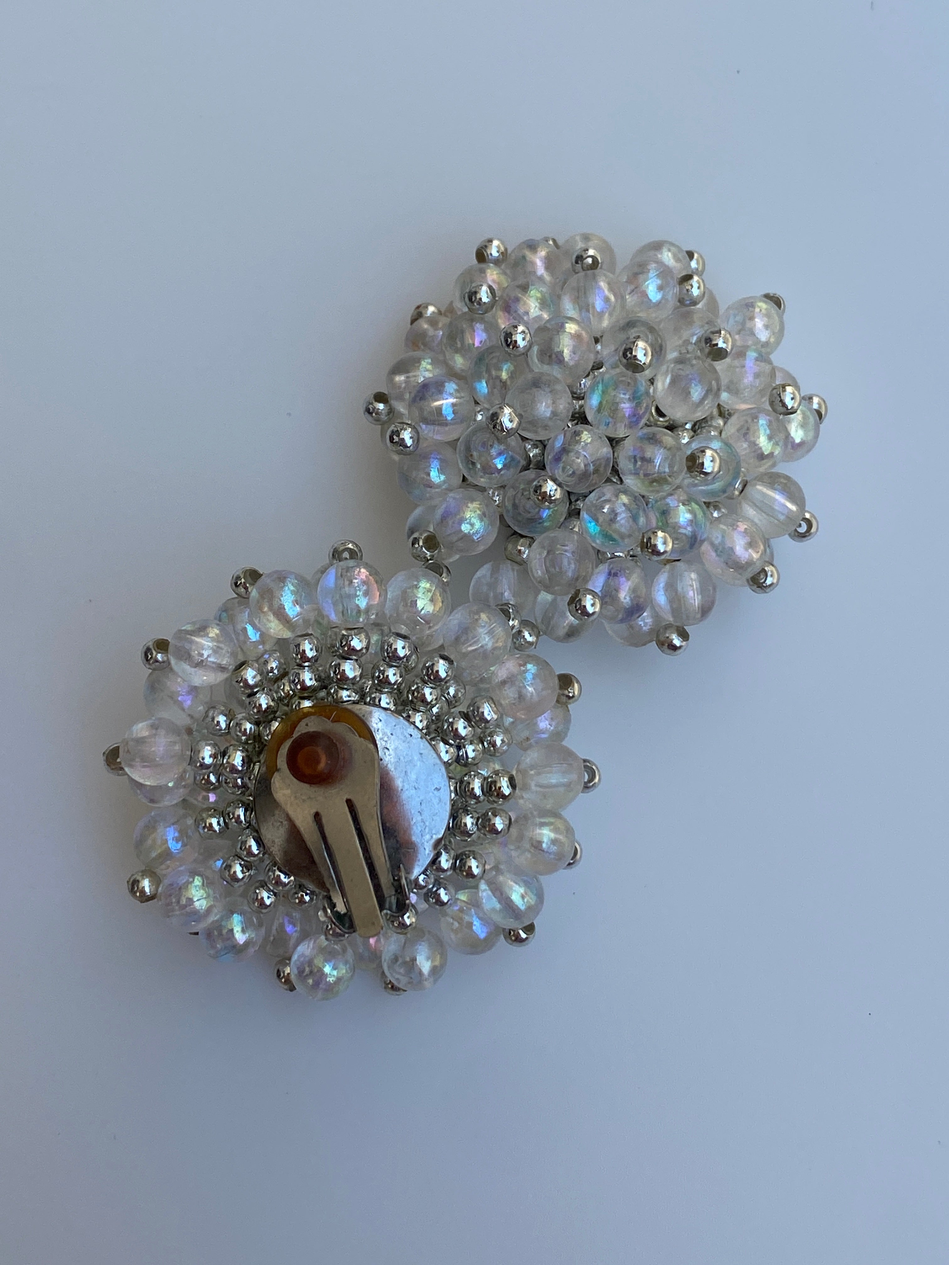 Vintage 1980s Iridescent Beaded Cluster Clip-On Silver Tone Earrings