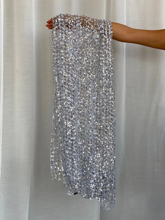 Caché Silver Sequin Mesh Evening Scarf Statement Party & Formal Accessory Metallic Wrap