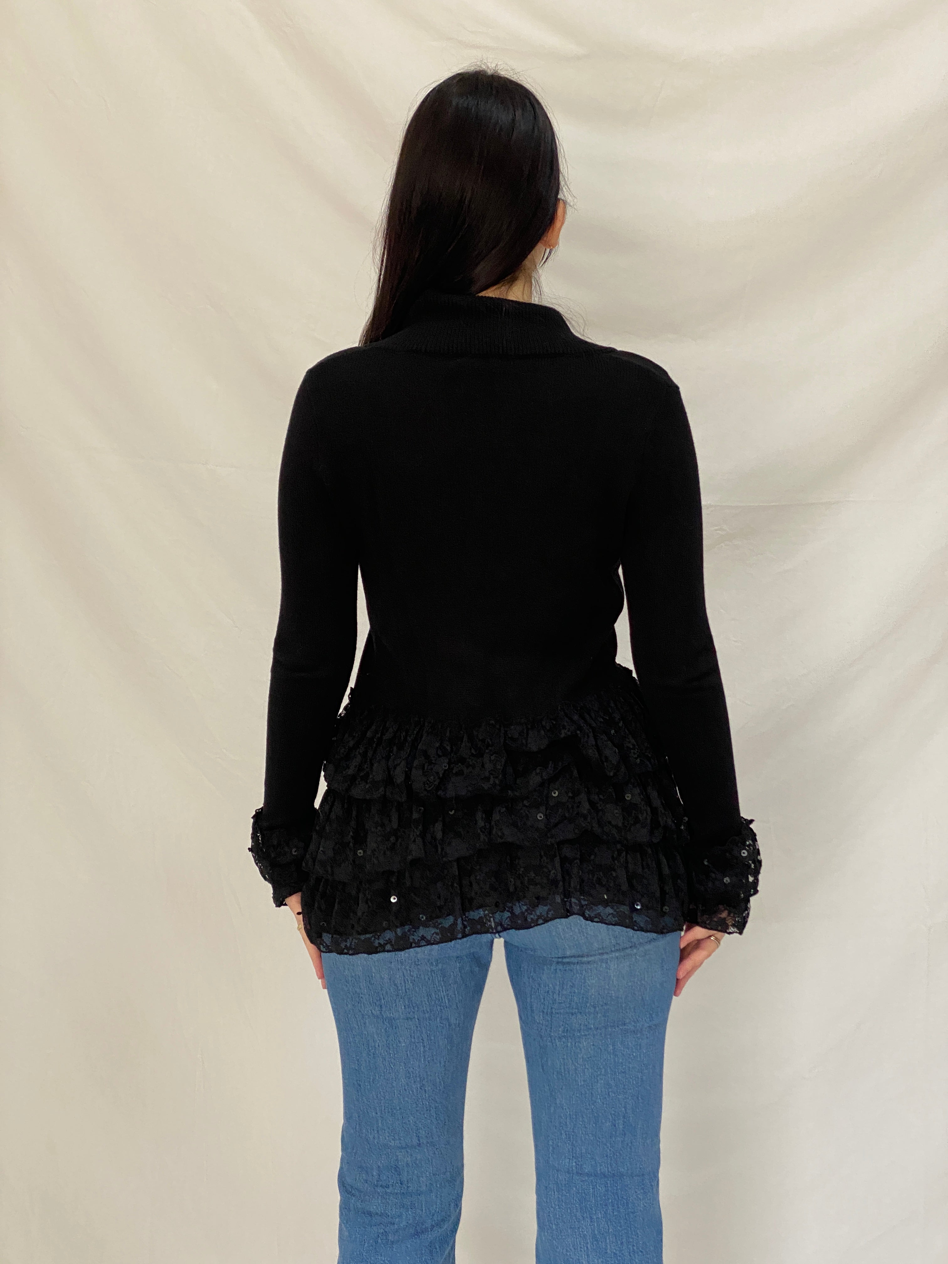 Vintage Storybook Knits Black Ruffle Lace Grunge Whimsigoth Knit Layer Cardigan - S