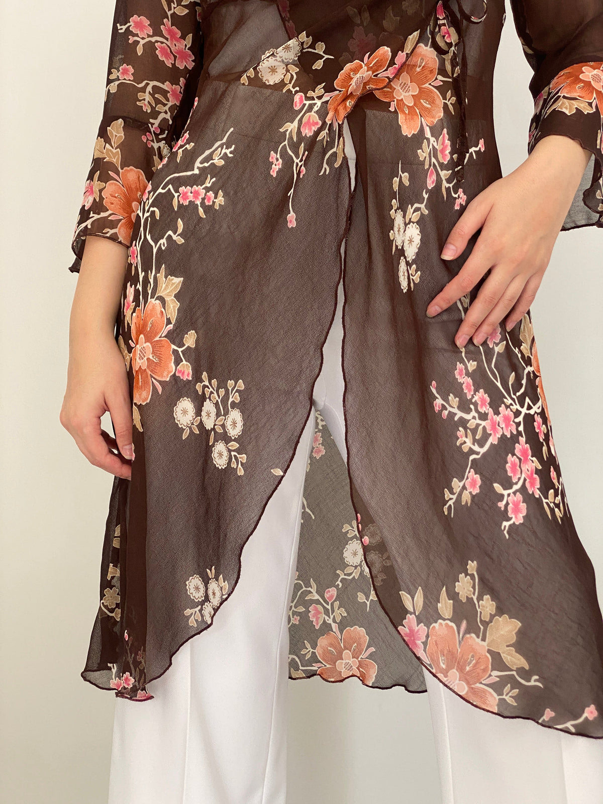 Y2K Une Mode Pour Moi Brown Sheer Floral Wrap Tunic Top – M