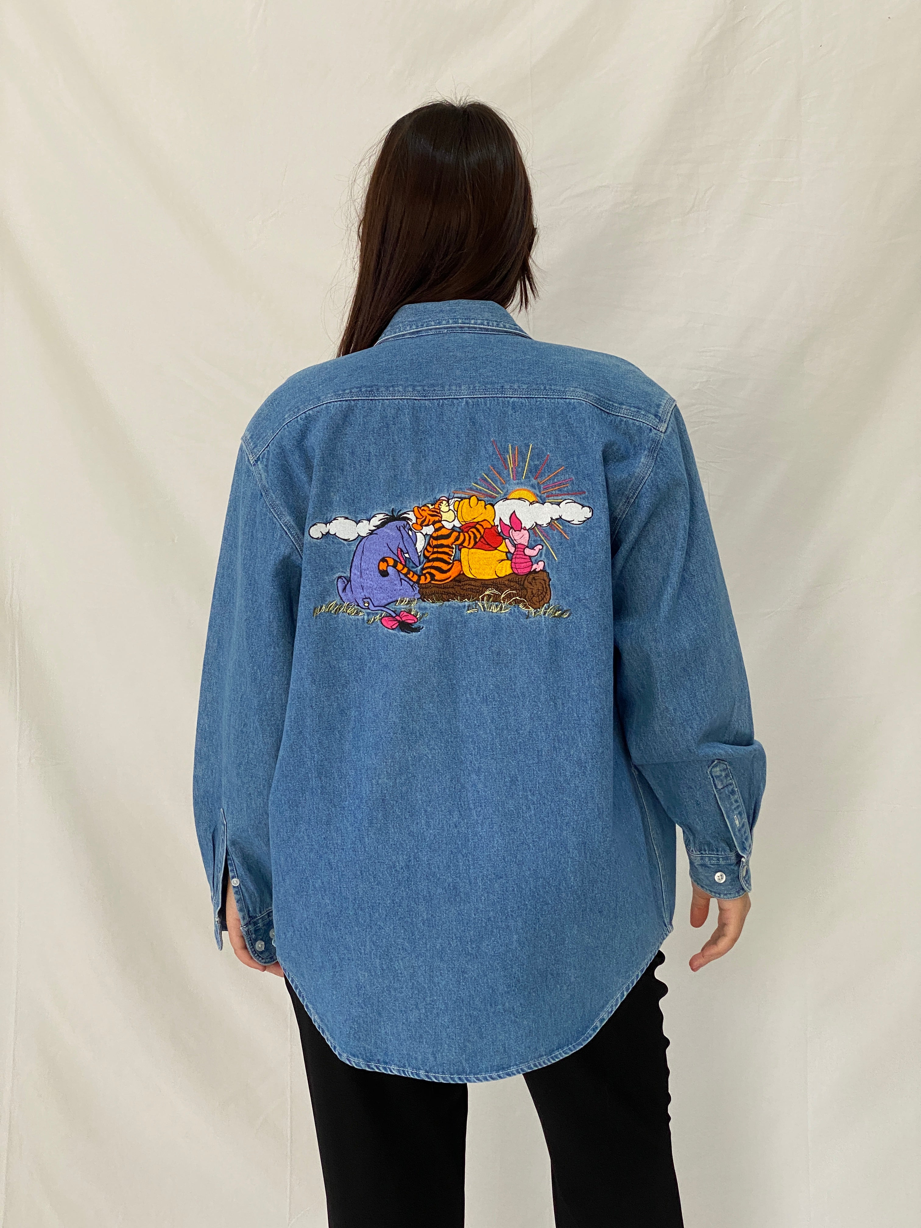 Vintage Disney Store Oversized Denim Shirt Embroidered Sun Cloud Patch Button Up Shirt - S