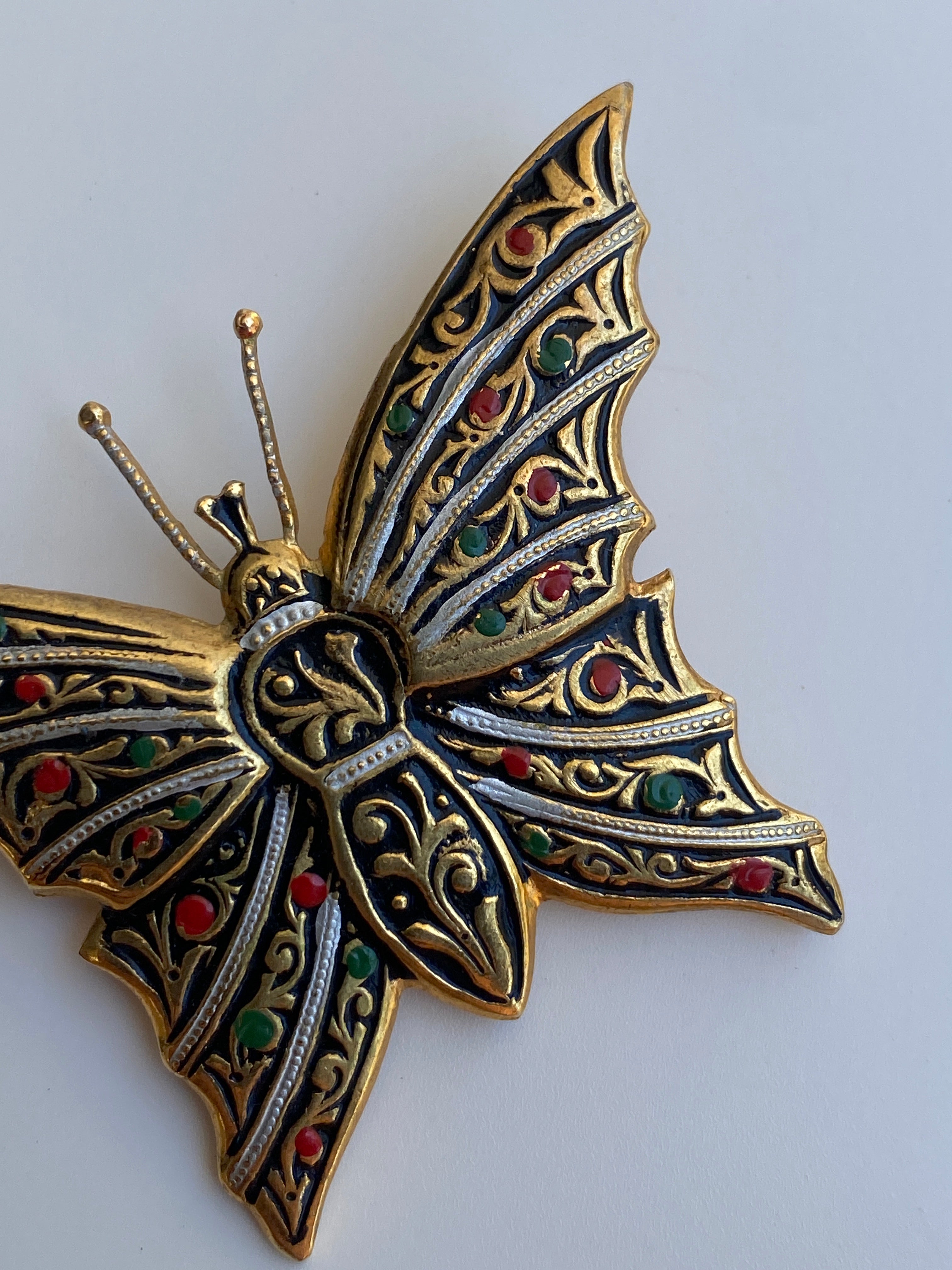 Vintage Spanish Damascene Style Butterfly Brooch Gold & Black Enamel Floral Pin
