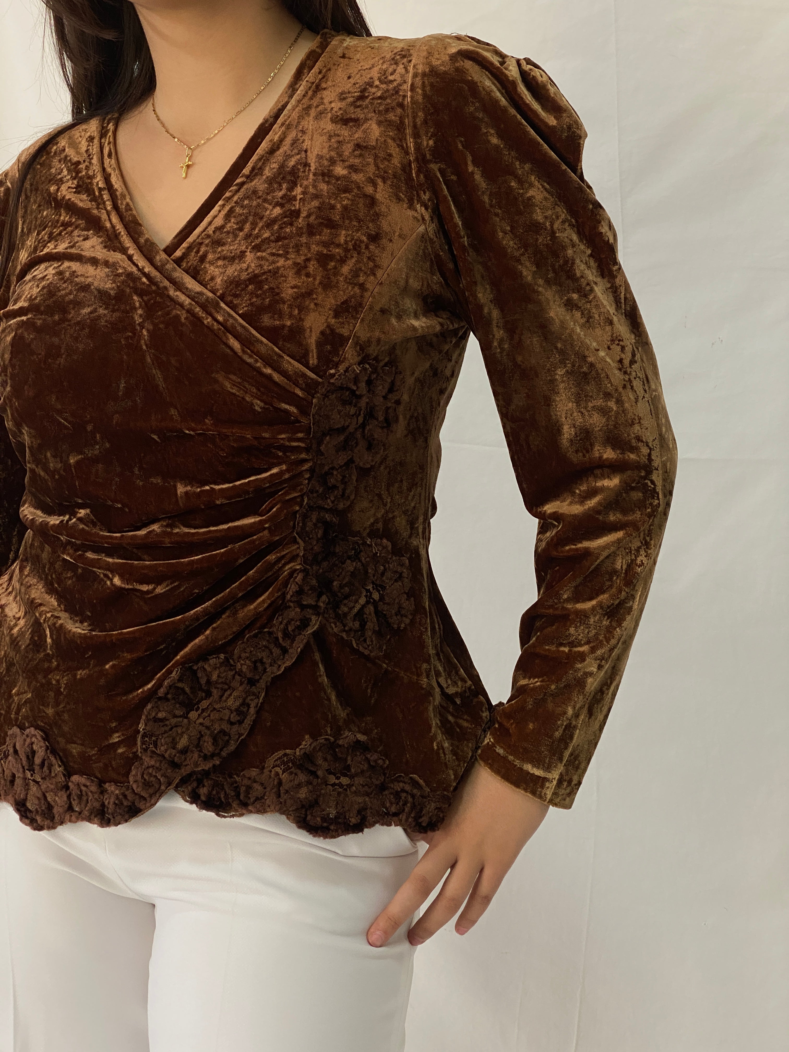 Vintage GEORGEDÉ Paris Brown Crushed Velvet Top Puff Sleeve Wrap Ruched Blouse - M