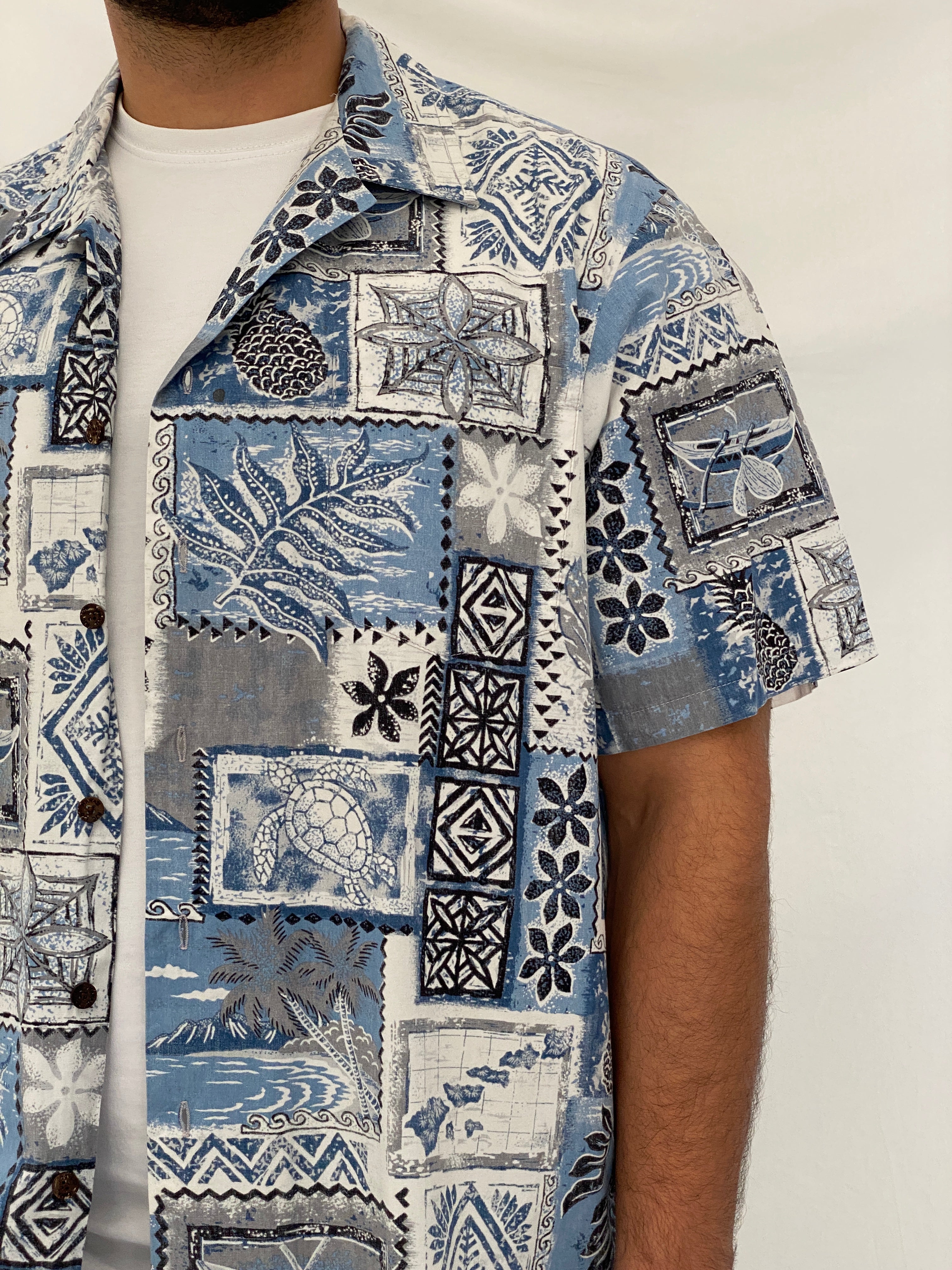 Vintage 90s RJC Blue Tropical Patchwork Hawaiian Camp Shirt - 2XL