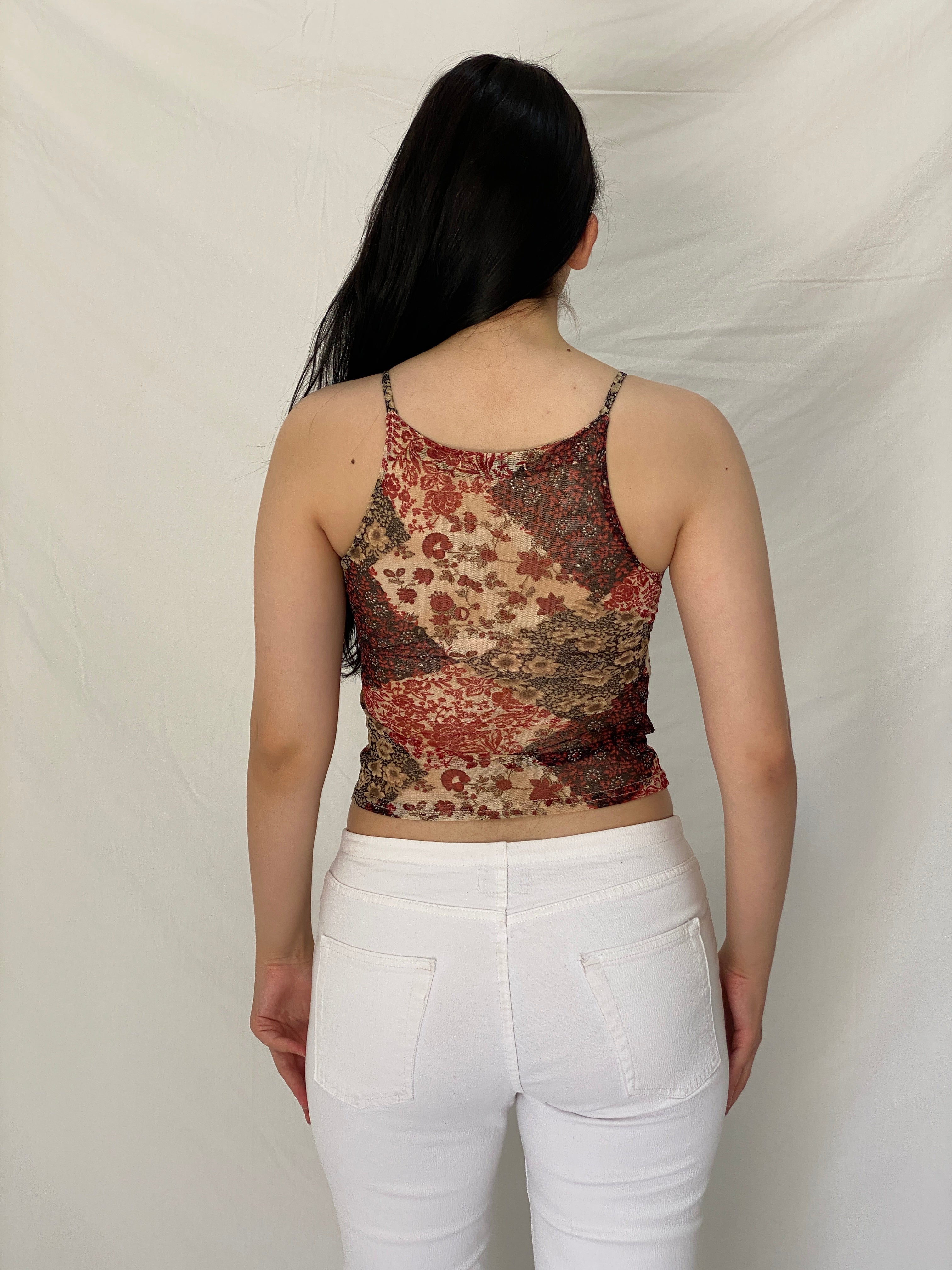 Vintage Y2K Three Brothers Red Floral Mesh Print Cami Top Sheer Stretch Tank - S