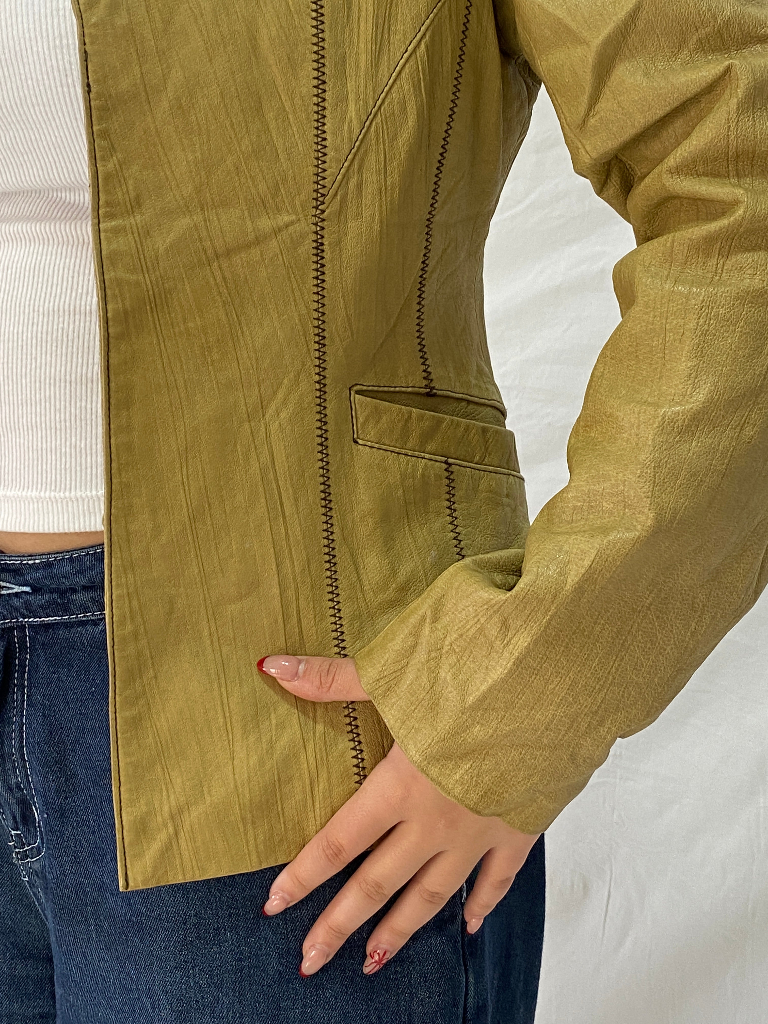 Vintage Attr@ttivo Tan Genuine Leather Blazer with Contrast Stitching Tailored Jacket – M