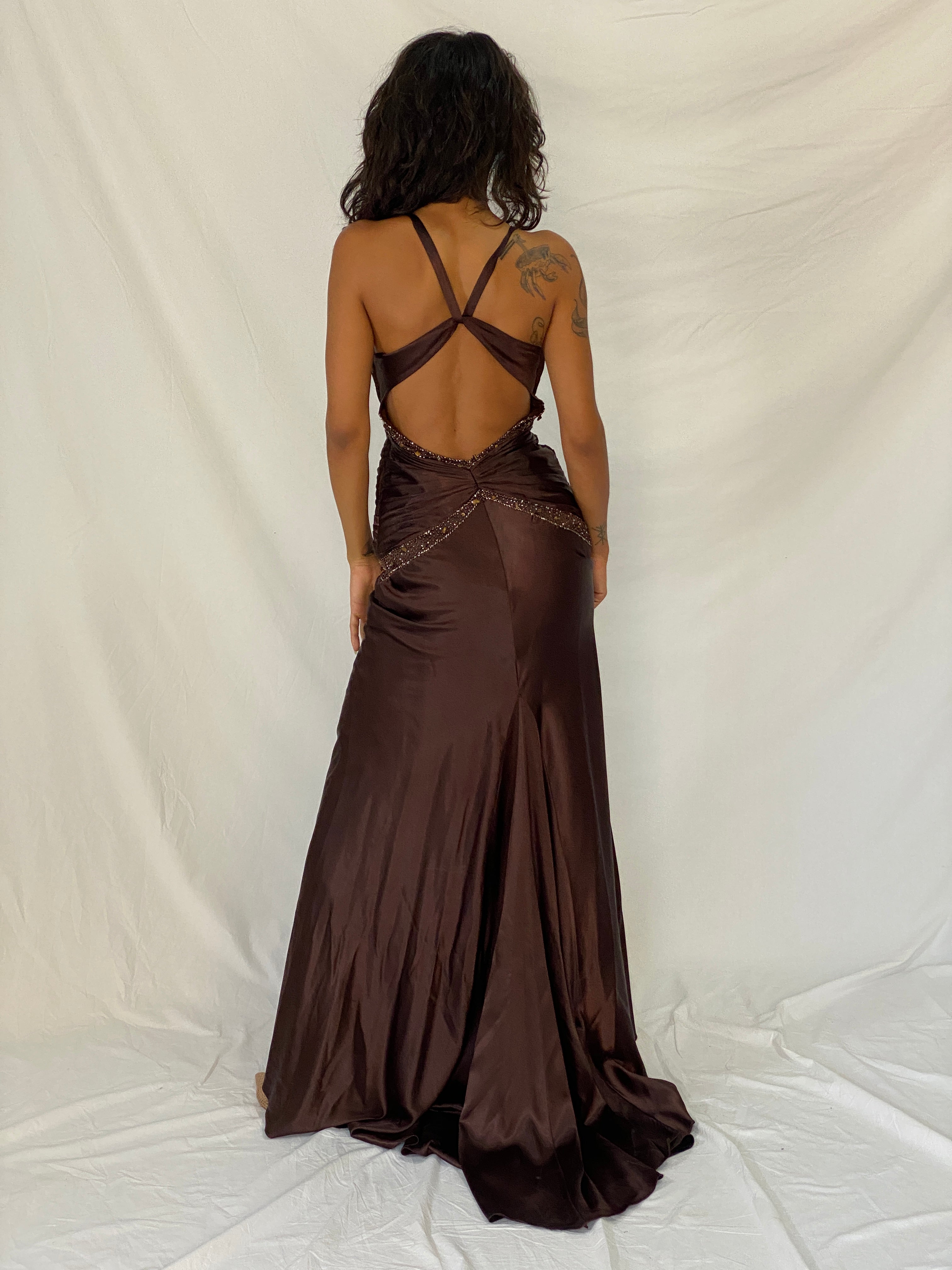 Vintage Y2K Alyce Designs Brown Satin Beaded Lace Cutout Formal Maxi Dress - XS