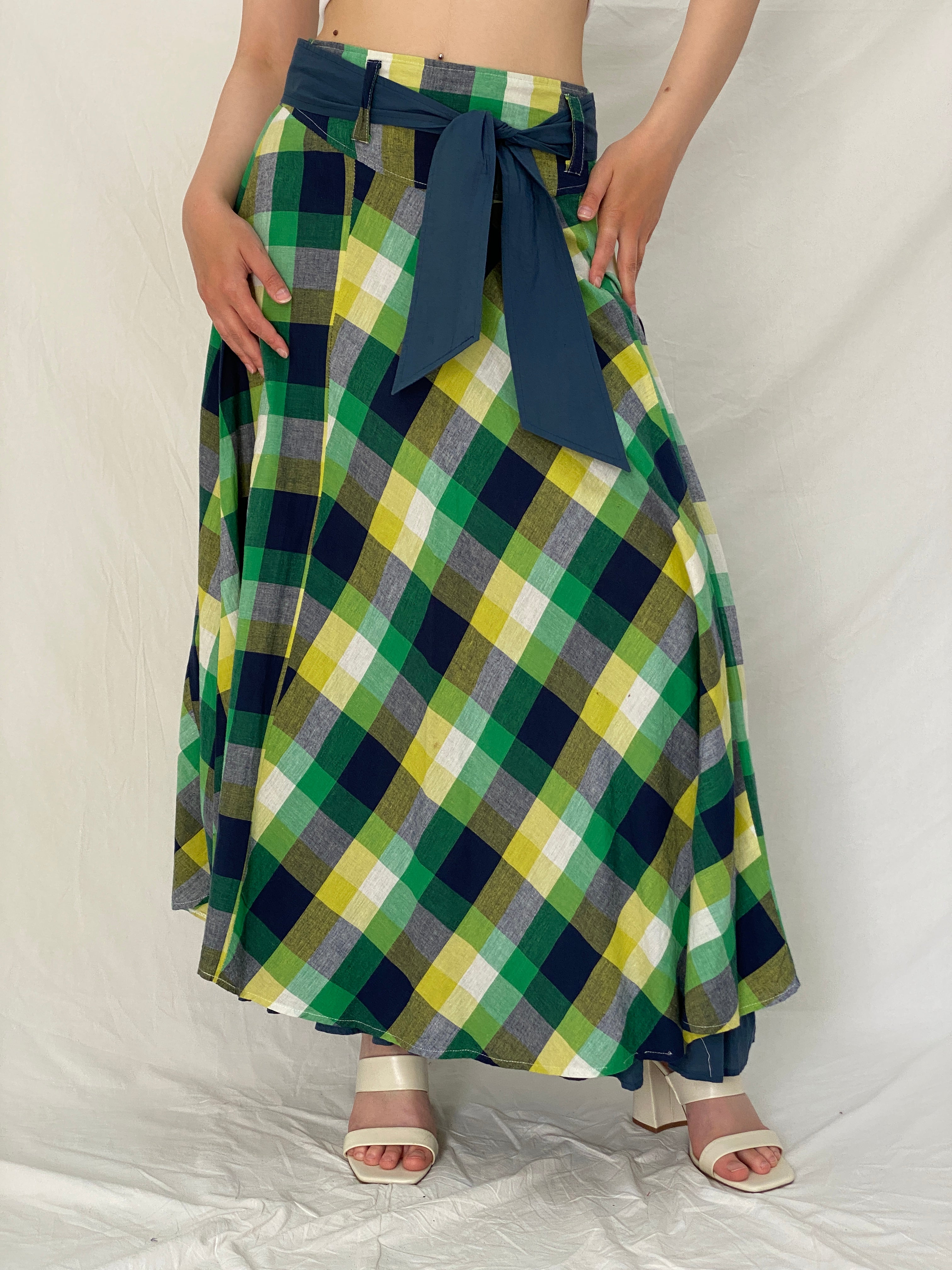 Vintage Passion Green Yellow Plaid Cotton Cottage Core Maxi Skirt - M