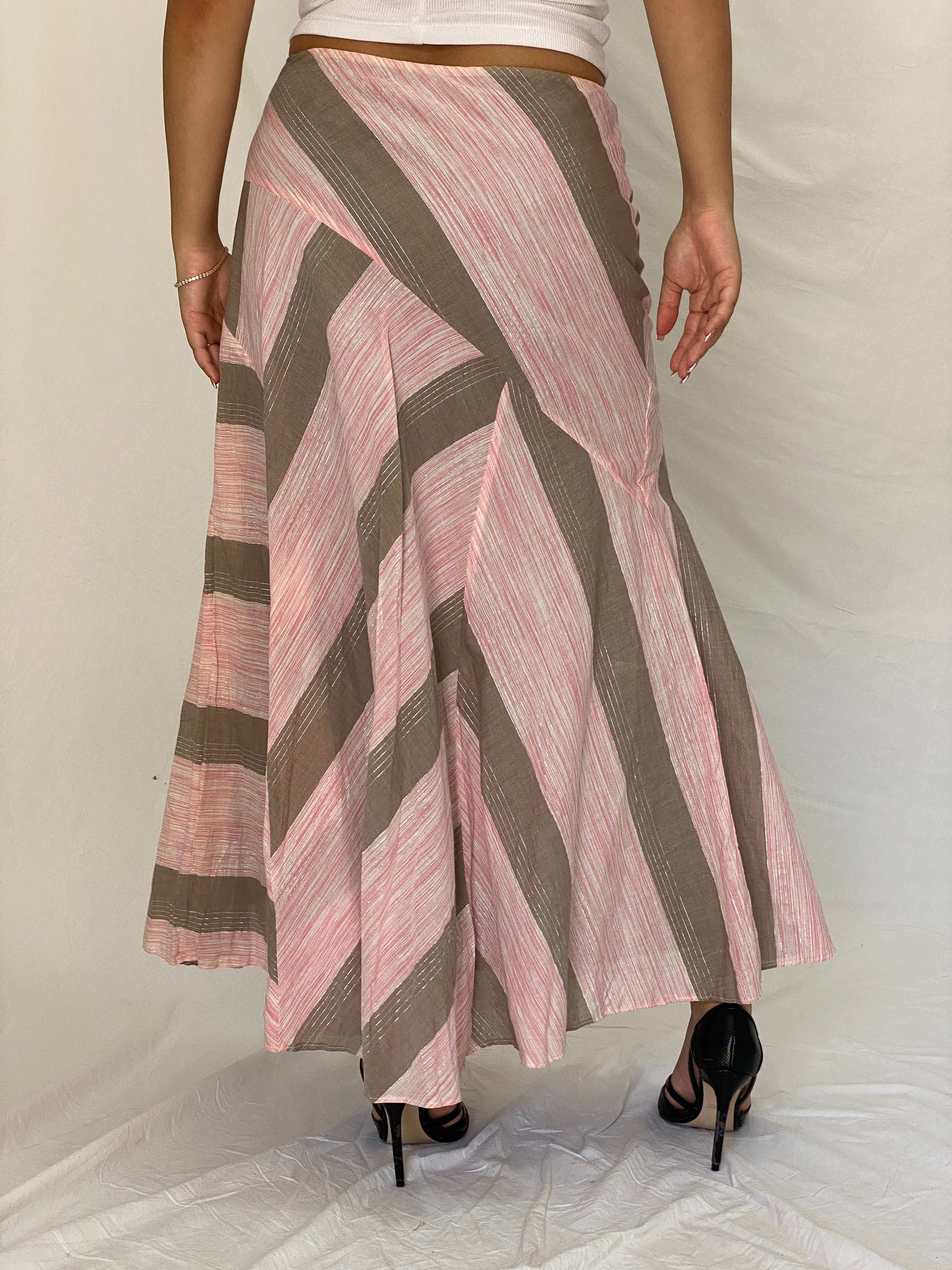 Vintage Y2K Woolworths Woman Pink & Taupe Linen Blend Chevron Maxi Skirt - M