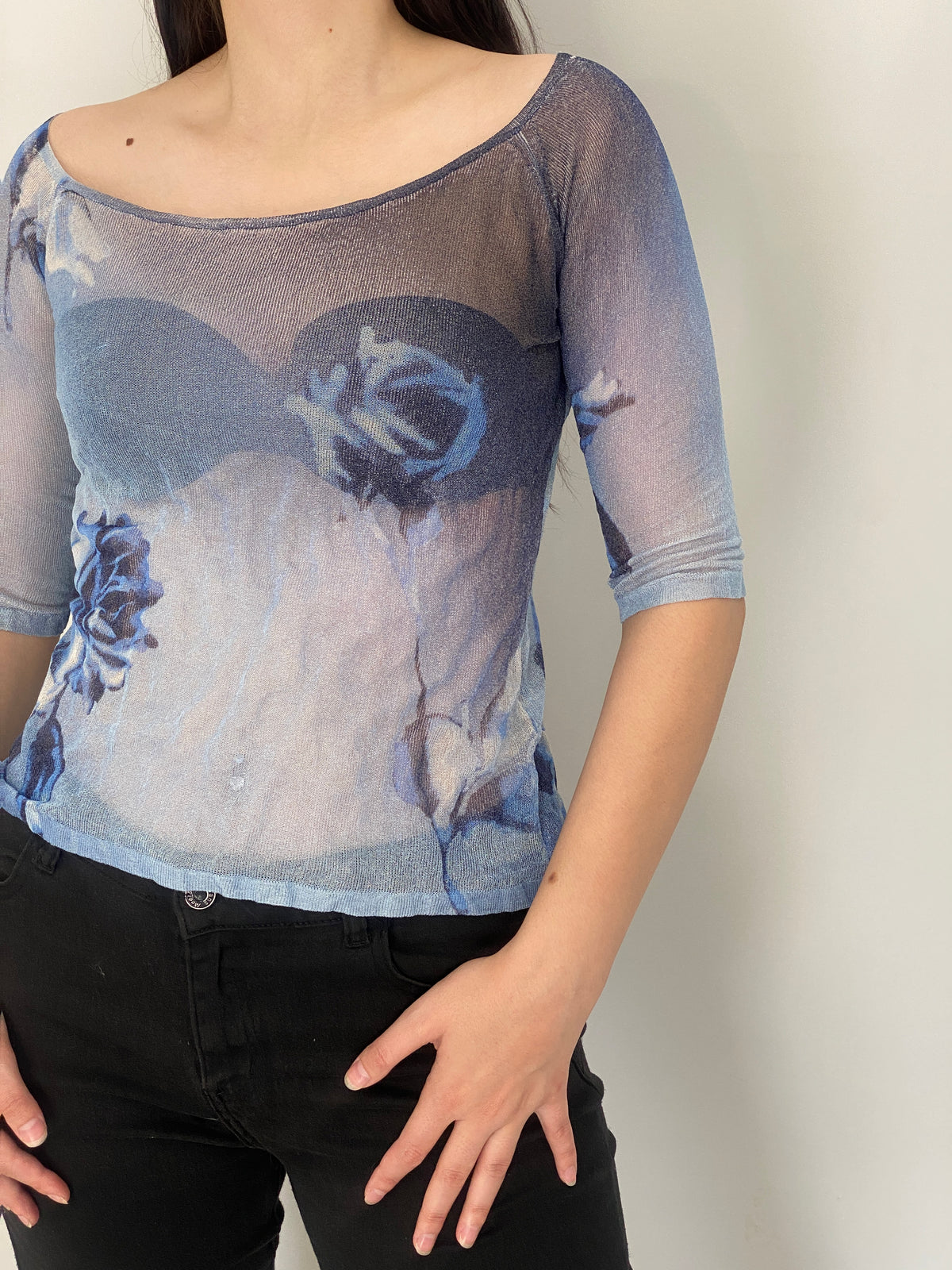 Vintage Y2K Angelo Marani Blue Sheer Floral Mesh Top - S