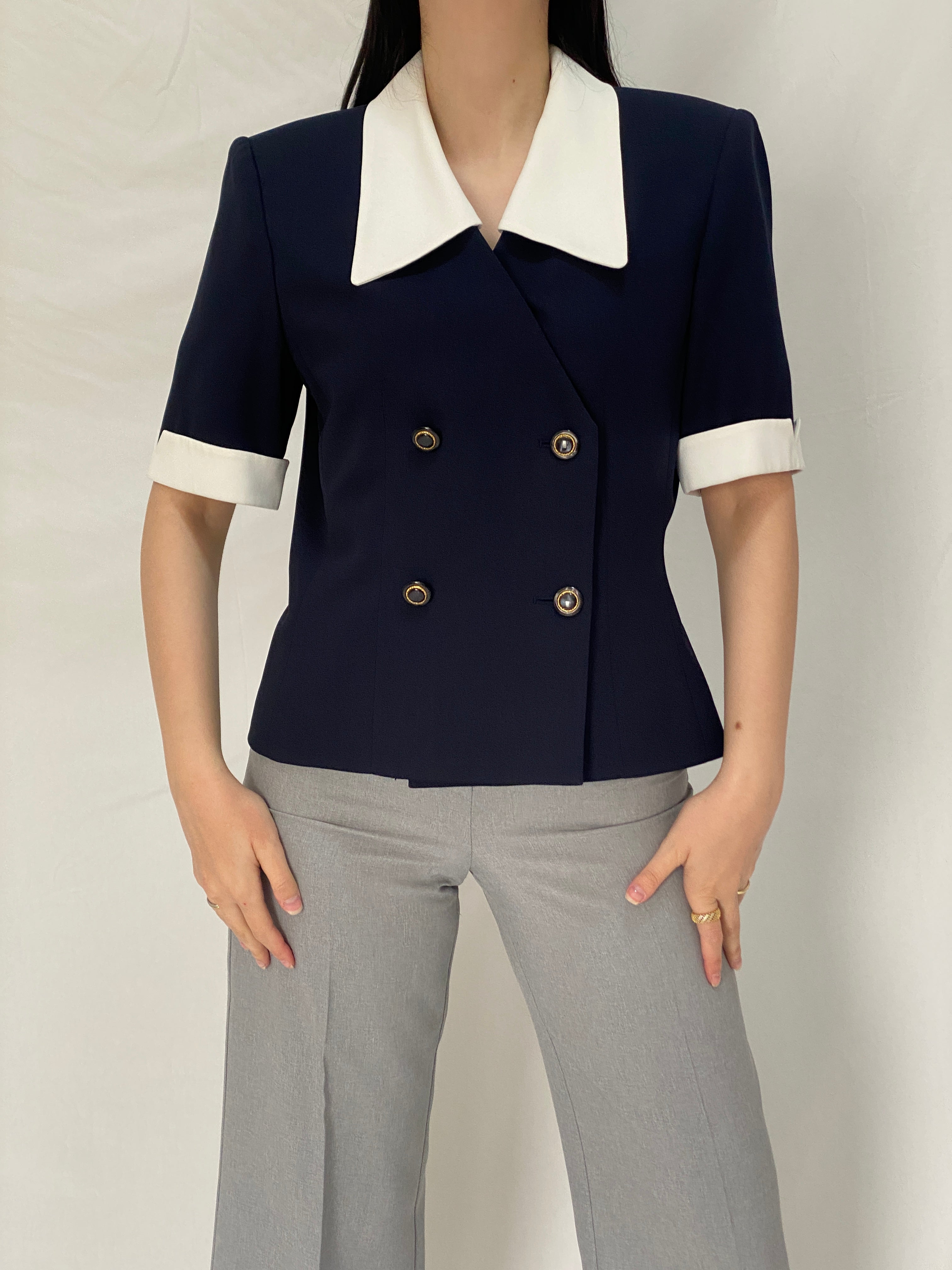 Vintage Kasper for ASL Navy White Tailored Short Sleeve Blazer - M