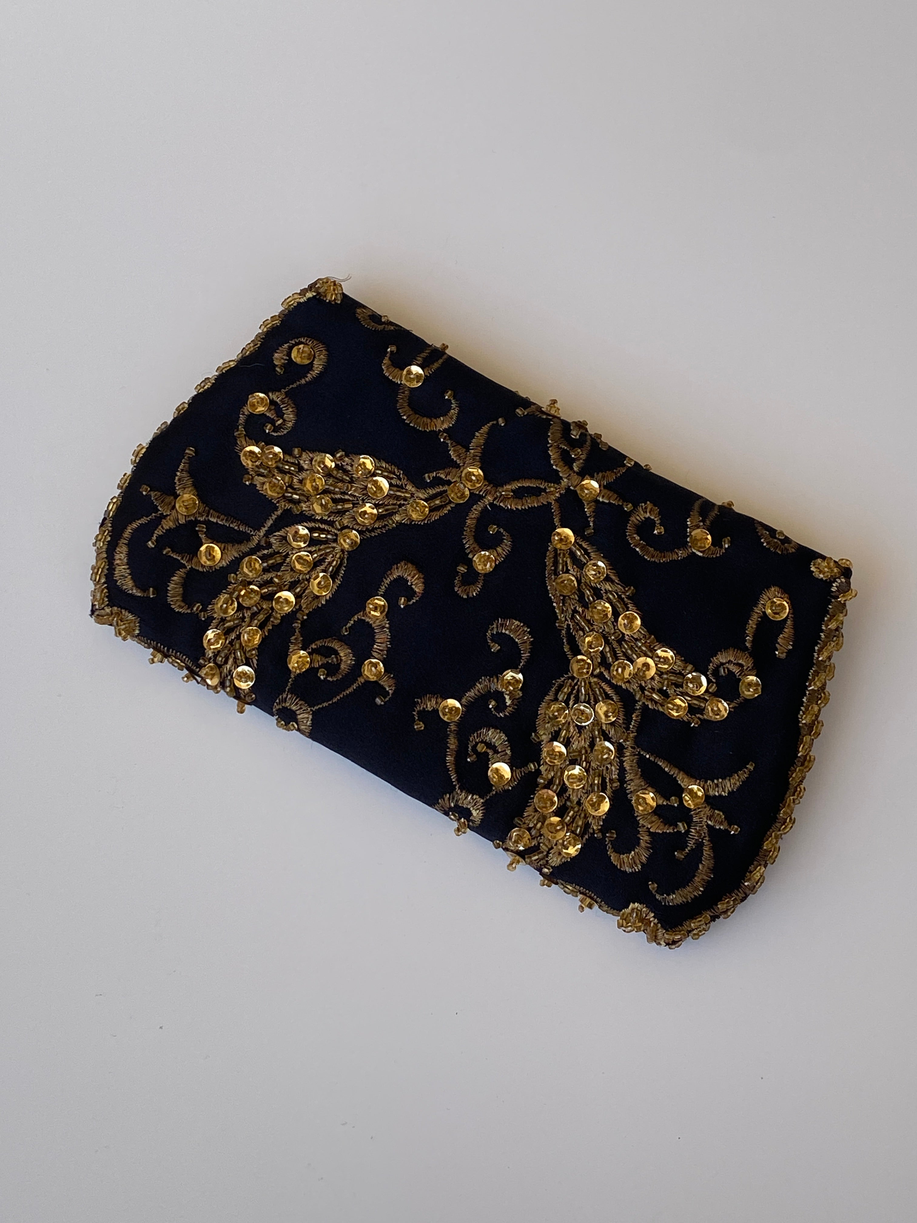 Vintage Black & Gold Beaded Embroidered Evening Mini Clutch Bag