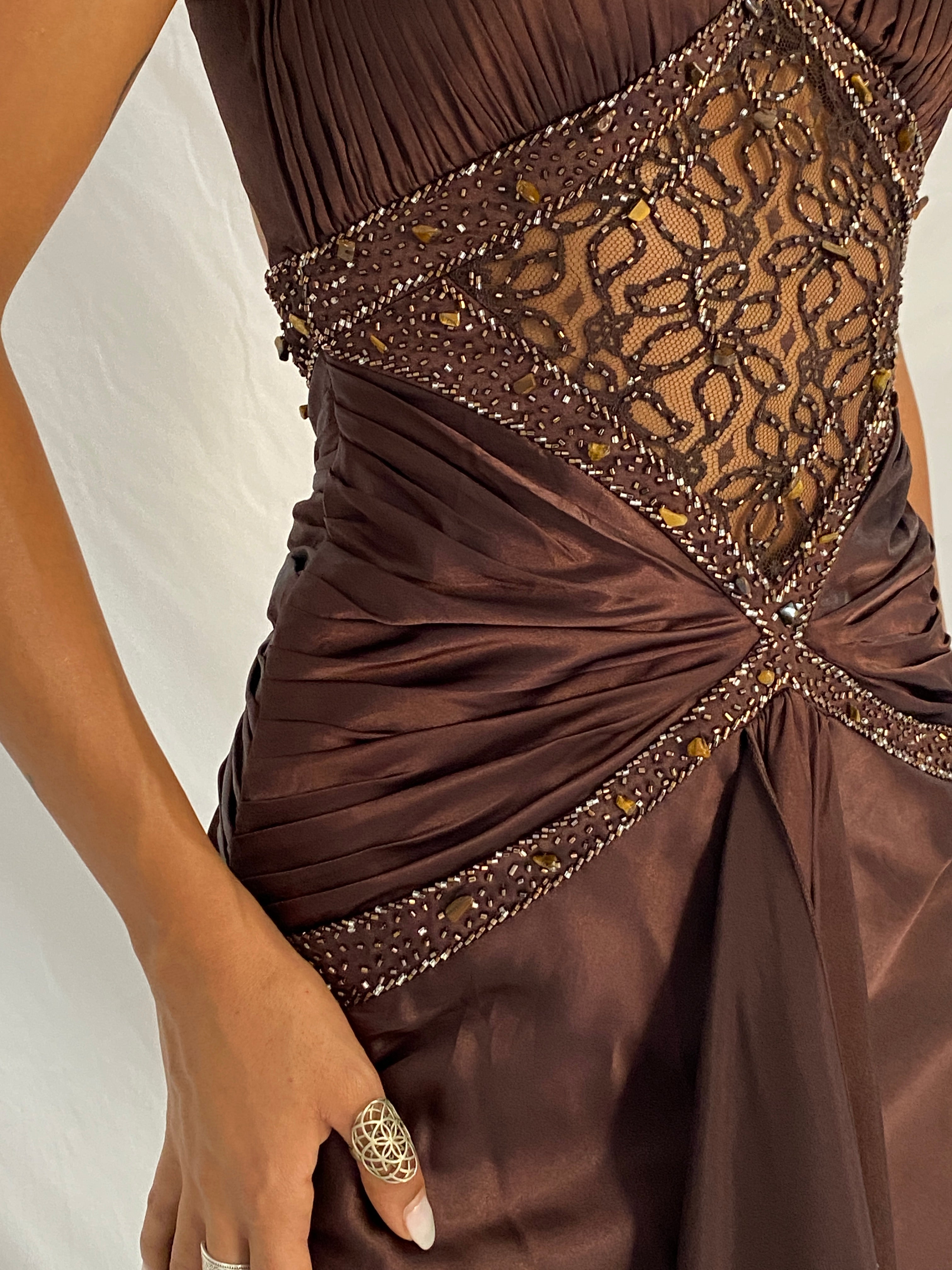 Vintage Y2K Alyce Designs Brown Satin Beaded Lace Cutout Formal Maxi Dress - XS