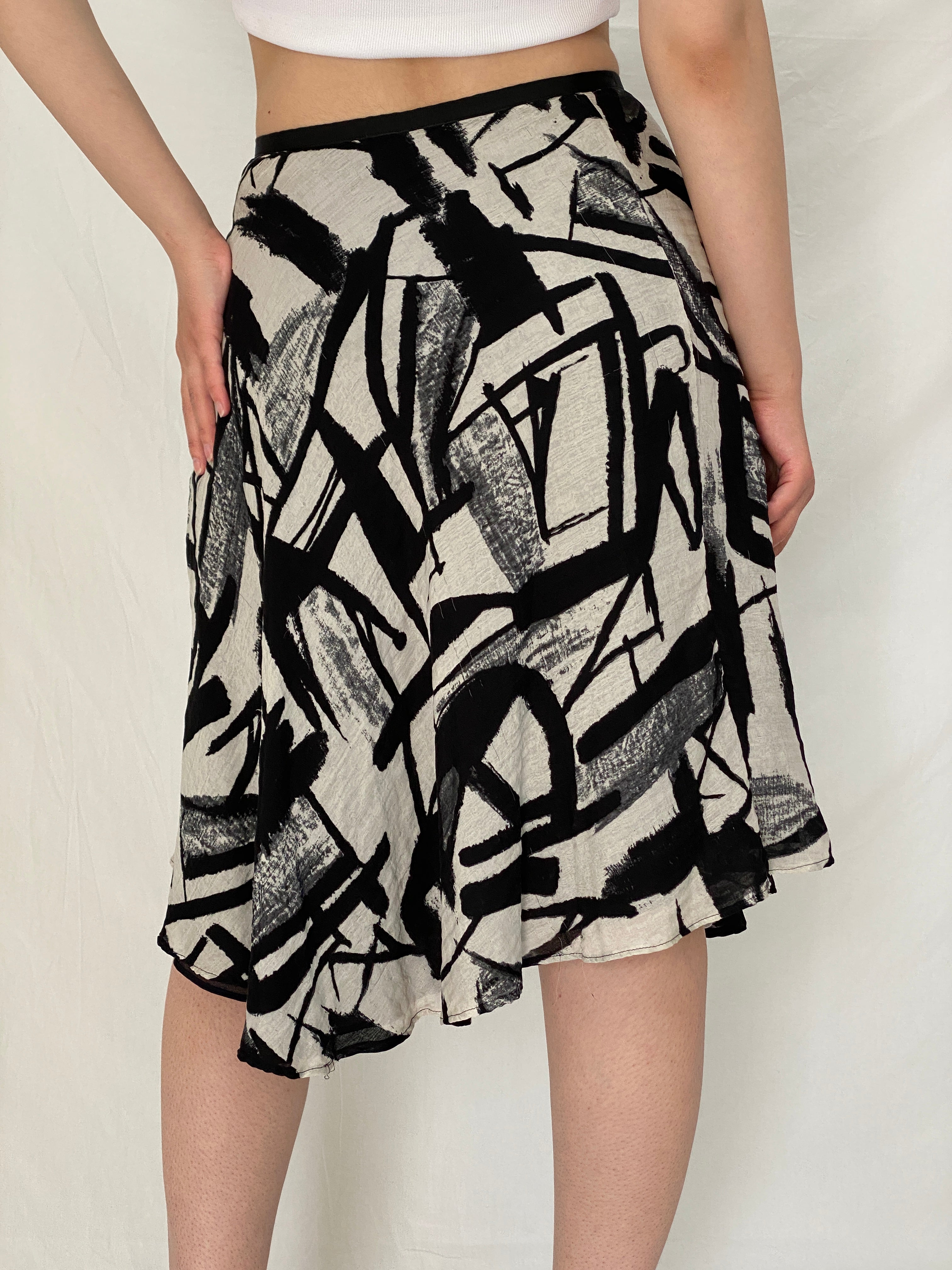 MNG Limited Edition Abstract Silk Cotton Blend Black & White Artsy Midi Skirt – S