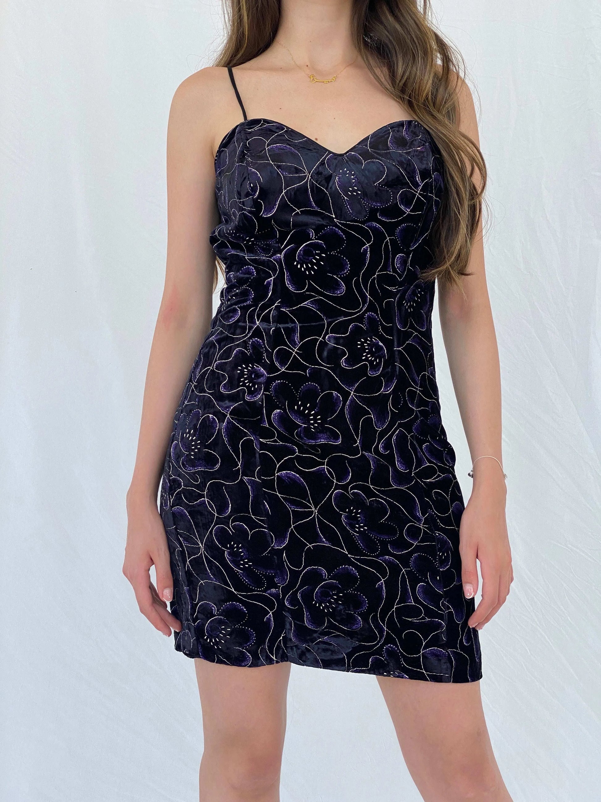 90s Be Smart Black and Purple Floral Velvet Strappy Dress - M - Balagan Vintage Midi Dress 90s, midi dress, Mira, velvet dress, Wedding Guest