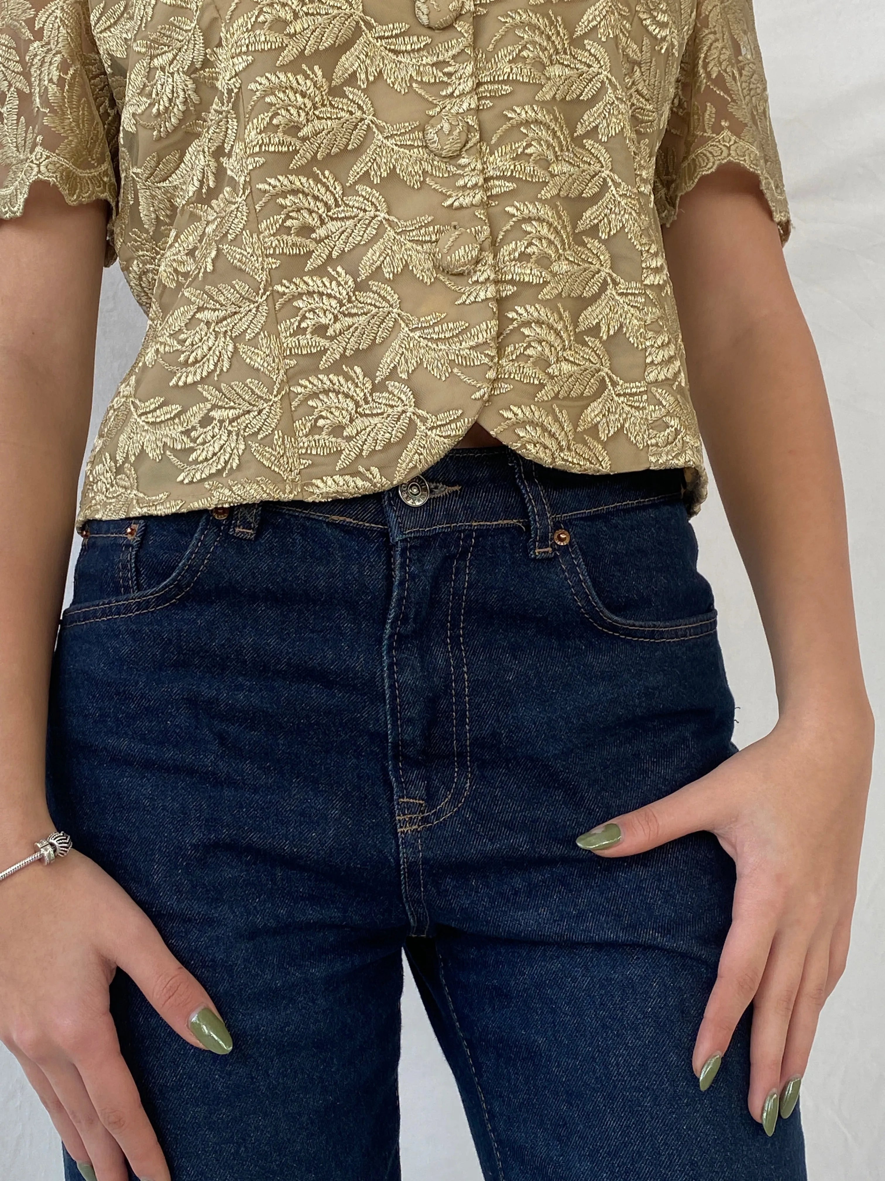 90s DETAIL Premium Collection Gold Floral Lace Short Sleeve Blazer Shirt - L - Balagan Vintage Half Sleeve Blazer 00s, Coats&Jackets, half sleeve blazer, half sleeve shirt, Syntia, women top, Women's Blazers
