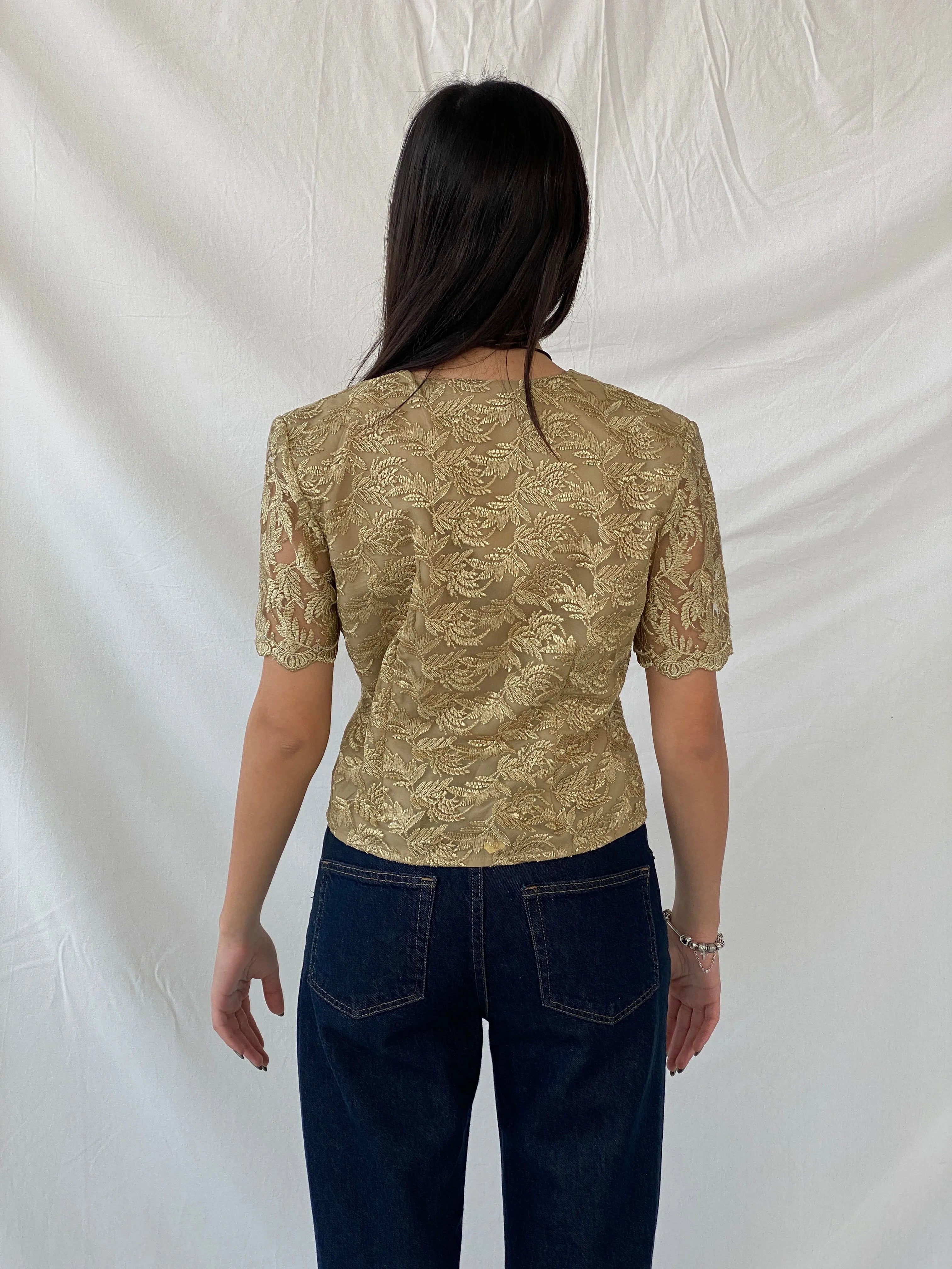 90s DETAIL Premium Collection Gold Floral Lace Short Sleeve Blazer Shirt - L - Balagan Vintage Half Sleeve Blazer 00s, Coats&Jackets, half sleeve blazer, half sleeve shirt, Syntia, women top, Women's Blazers