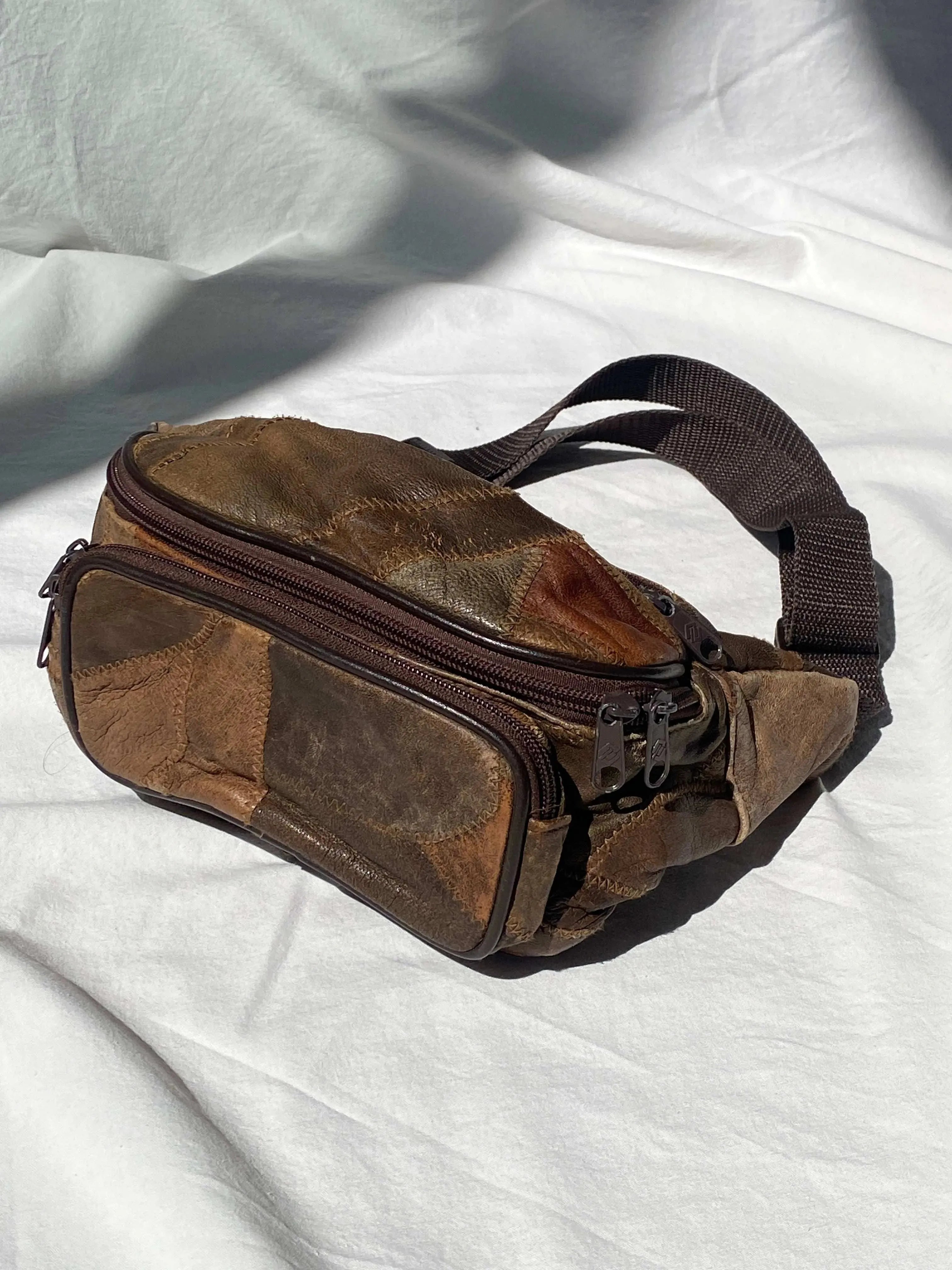 90s Distressed Leather Patchwork Fanny Pack - Balagan Vintage Fanny Pack bag, brown leather, shoulder bag, Y2K